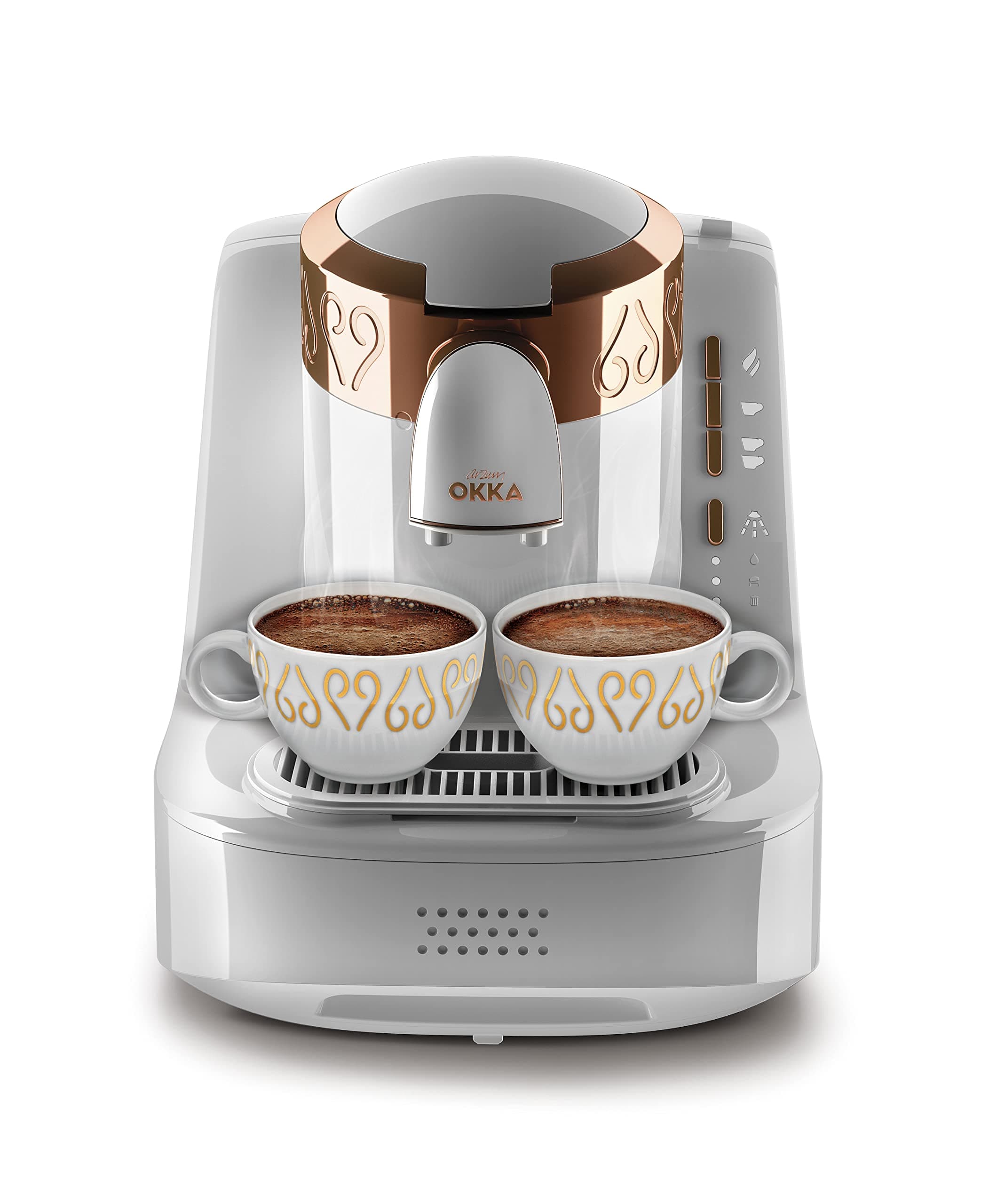 ARZUM OKKA Automatic Turkish Coffee Machine with Patented Foam Technology | Auto-Altitude Detection, Slow Brew (4-Min), 2-Cup, White/Copper. 1 Year Manufacturing Warranty
