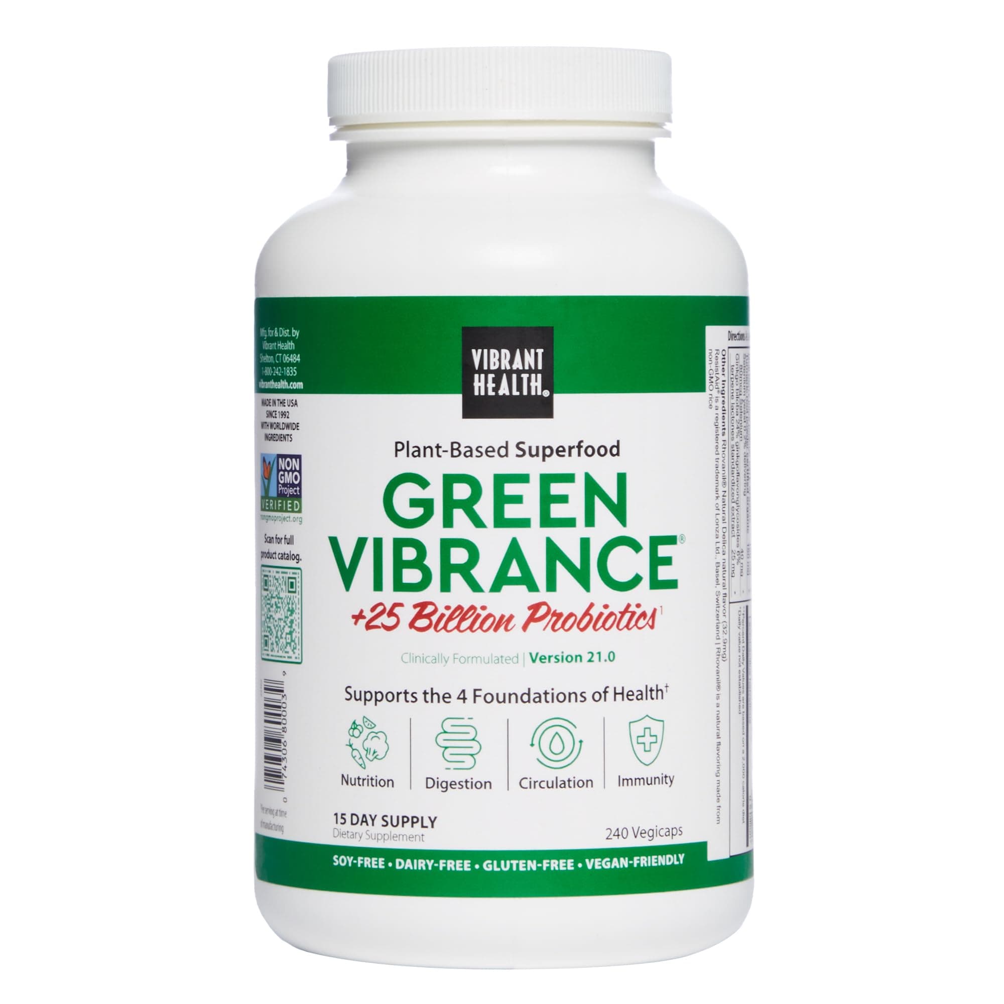 , Green Vibrance, Vegetarian Superfood Capsules with Over 70 Ingredients, 25 Billion Probiotics, 240 Capsules (15 Servings) (FFP)