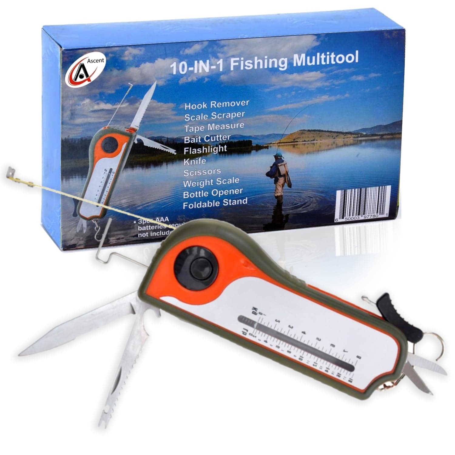 Fishing Gift Tool Fisherman Multitool - Hook Remover, Scale Scraper, Tape Measure, Bait Cutter, Flashlight, Knife, Scissors, Weight Scale, Bottle Opener, Gift Idea For Men Women Kids