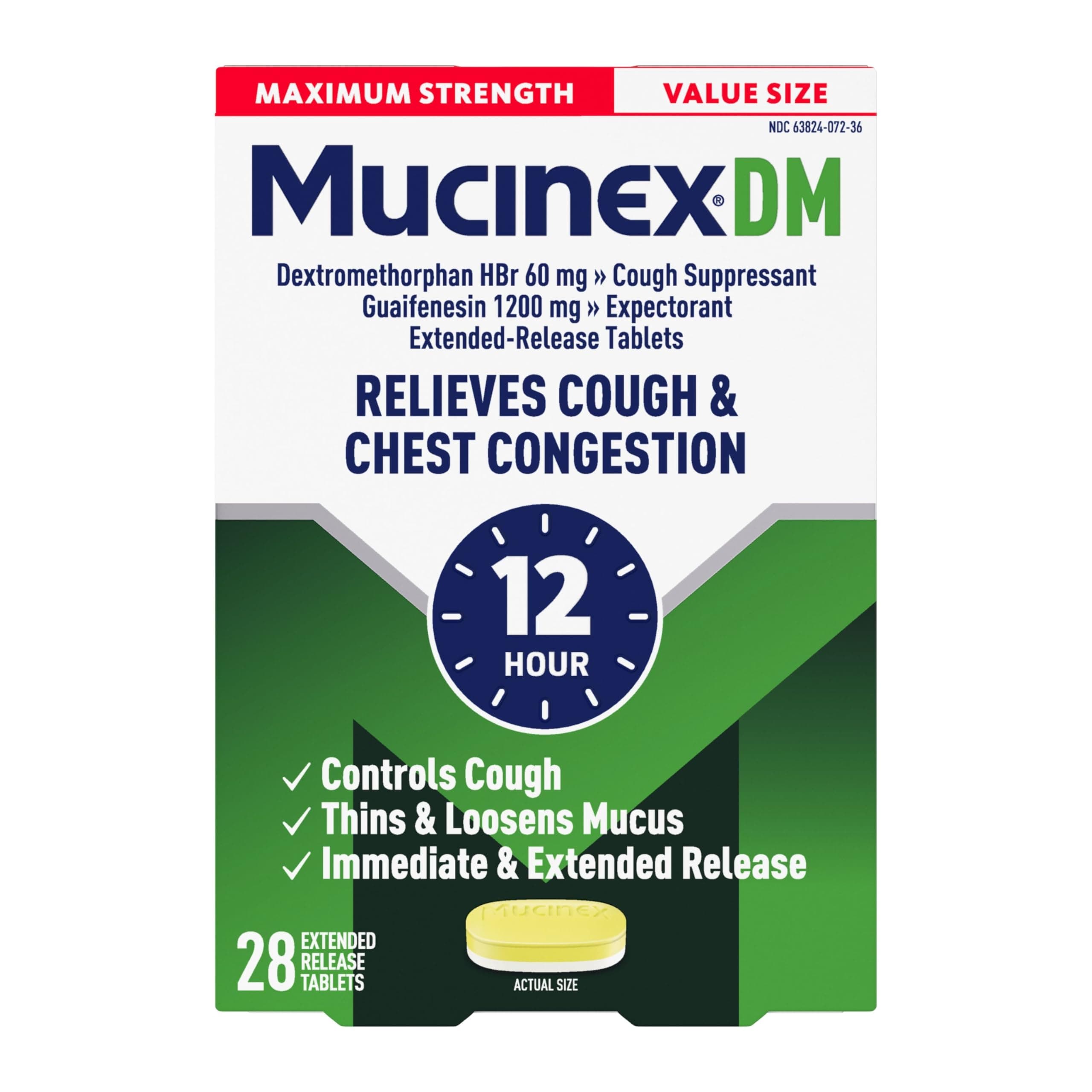 DM 12Hr Maximum Strength Chest Congestion & Cough Medicine for Adults, Cold and Cough Medicine for Excess Mucus Relief, 1200 mg Guaifenesin & 60 mg Dextromethorphan HBr, 28 Bi-Layer Tablets