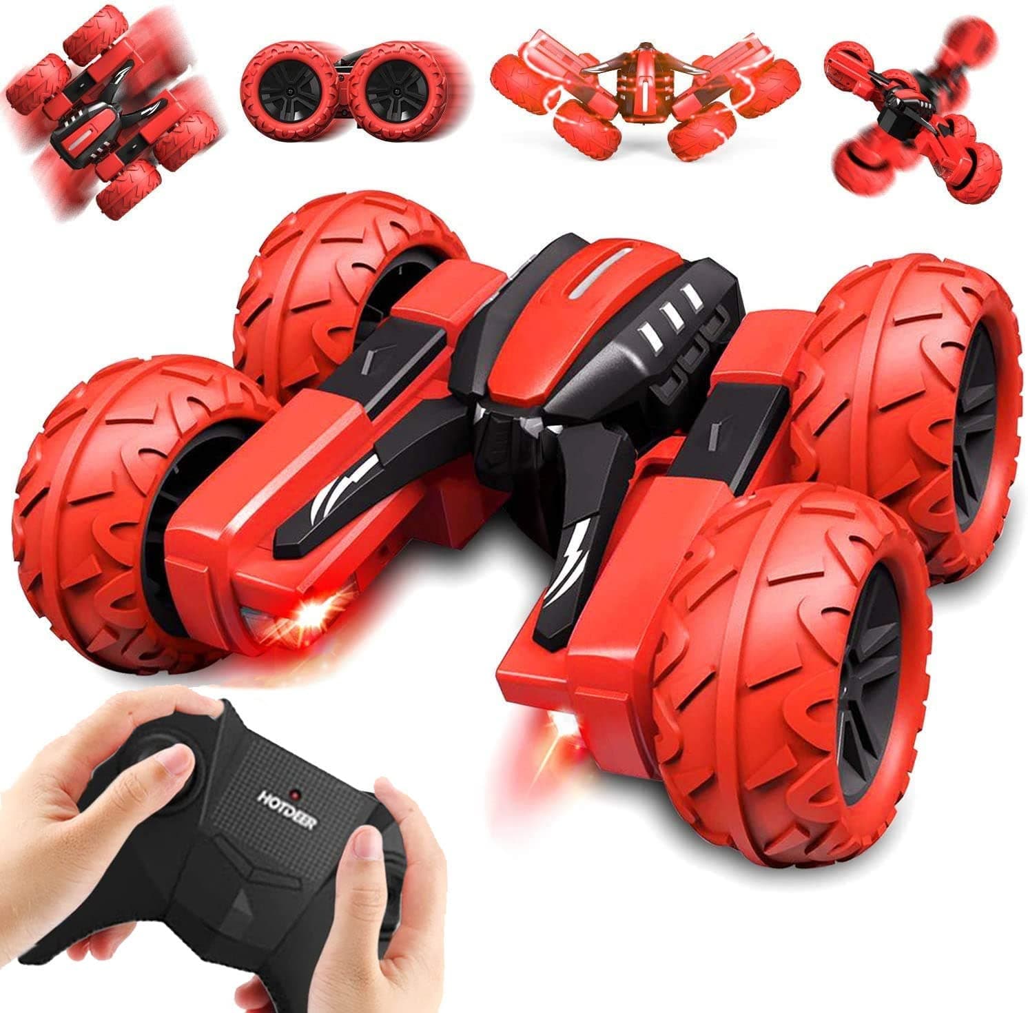 ELECDON RC Cars Stunt car Remote Control Car Double Sided Swing Arm 360° Flips Rotating 4WD Outdoor Indoor Dance Car Toy Present Gift for Boys/Girls Ages 6+,2 Pcs Rechargeable Batteries (Red)