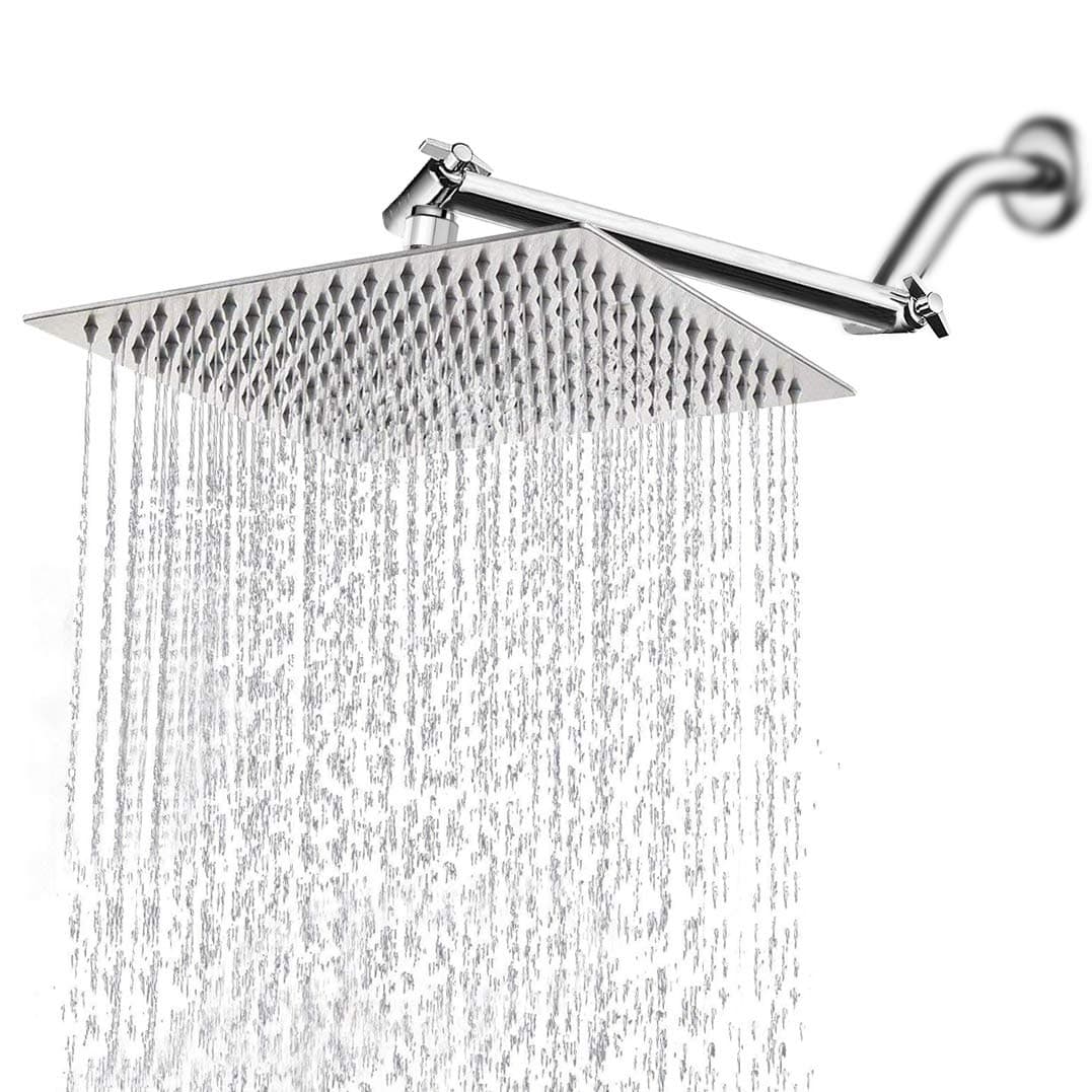 HarJue High Pressure Large Stainless Steel Square Rain ShowerHead With Shower Arm Waterfall Full Body Coverage Easy to Clean and Install (12 Inch With Arm, Chrome Finish)