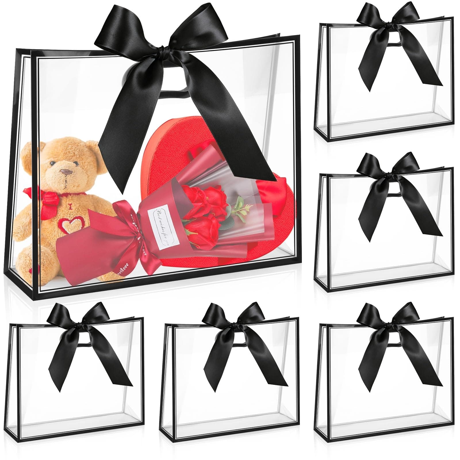 Aliceset 12 Pcs Clear Plastic Gift Bags with Die Cut Handles Reusable Gift Wrapping Bag with Ribbon for Wedding Graduation Bridal Shower Baby Shower, 12 x 10 x 5''(Black)