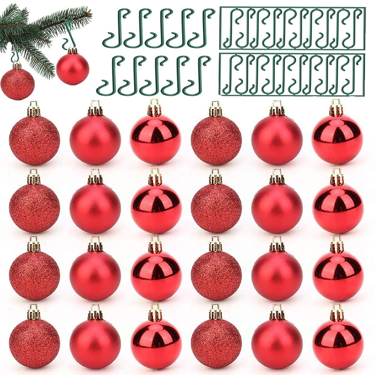 Panlom Pack 24 Christmas Tree Baubles Balls Onaments Shatterproof Decorations Ideal for Christmas Tree -Diameter 4CM Hanging Ball + 30pcs S-Shaped Hangers