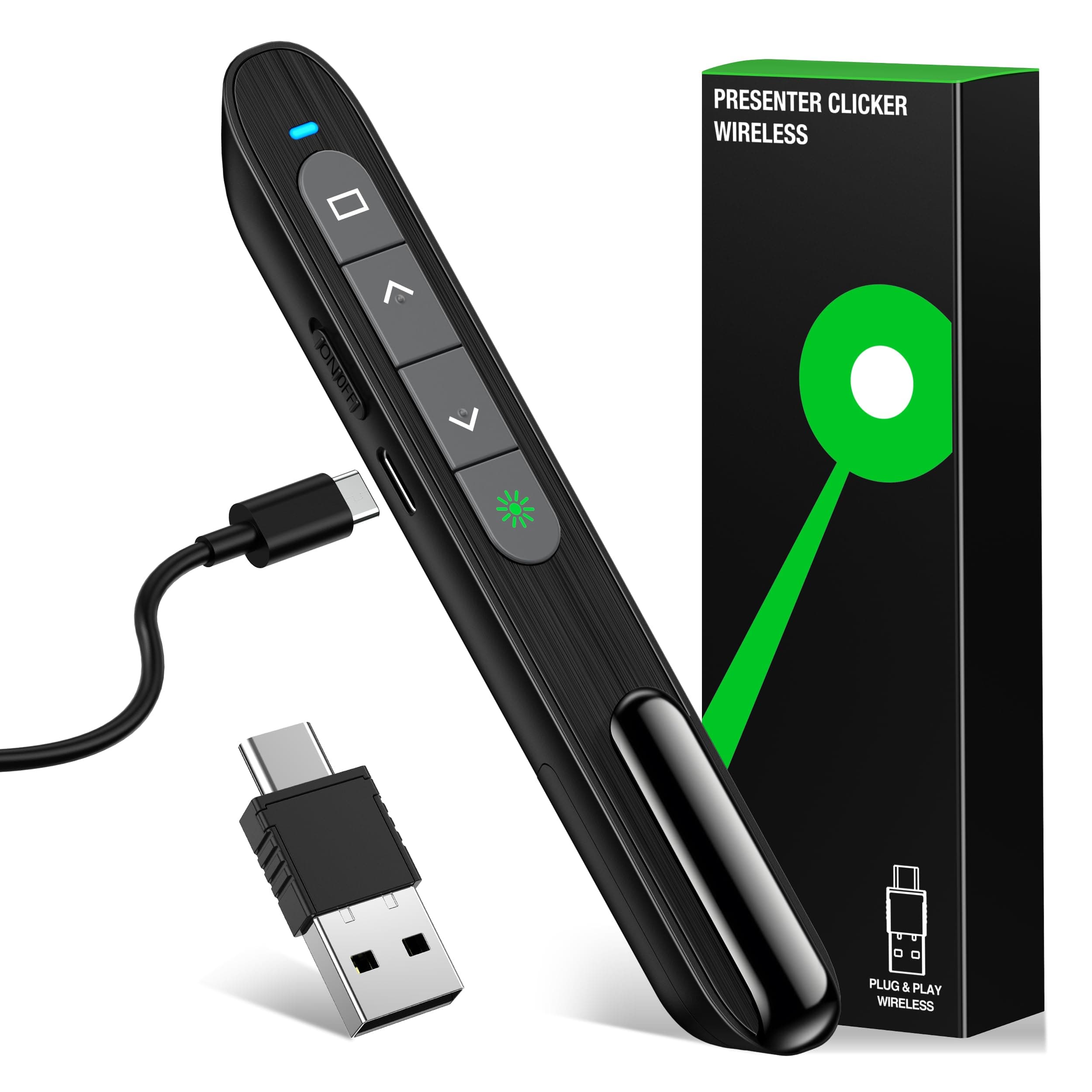 2 in 1 USB Type C Rechargeable Presentation Clicker with Green Pointer, Wireless Presenter for PowerPoint Presentation PPT Clicker, 2.4GHz Presentation Remote Slide Advancer for Computer MacBook