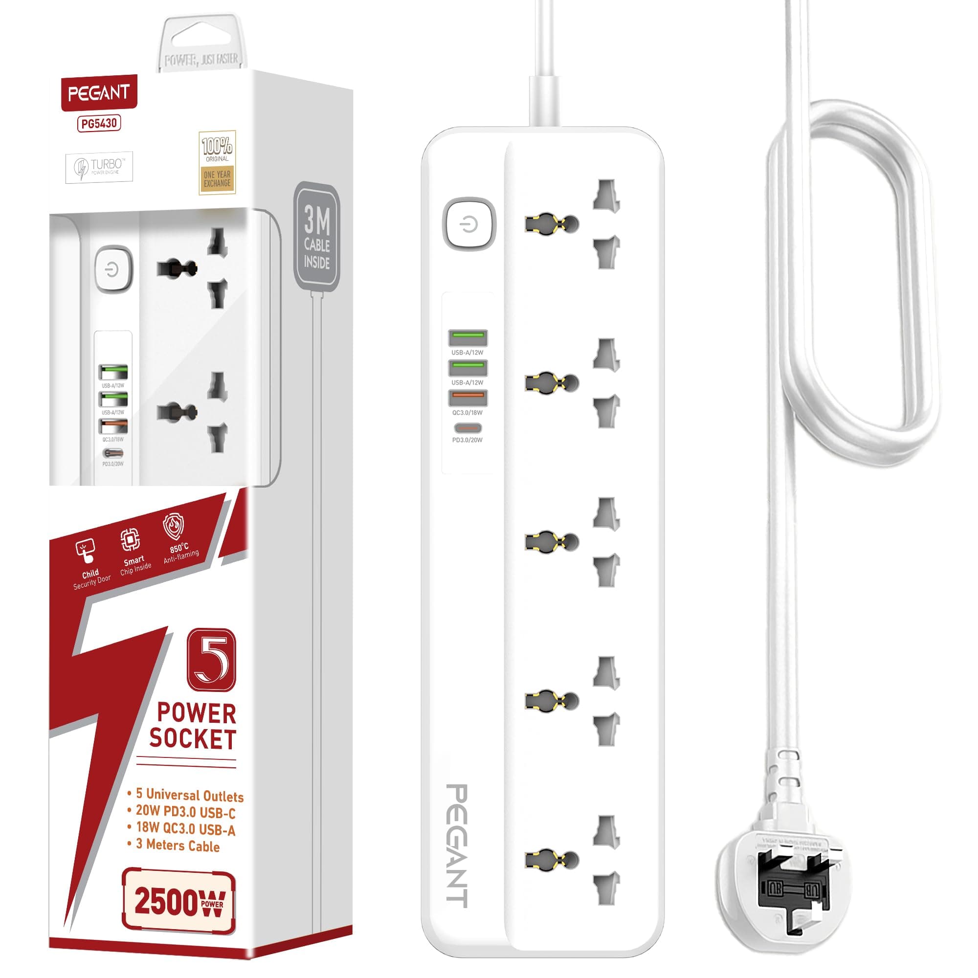 PEGANT 5 Way Gang Power Extension Lead with 1x 20W USB-C PD3.0, 3x USB-A QC3.0 Fast Charging Ports, 5x Universal Cord Electrical Outlet Sockets, Multi Plug Charging Surge Protector Strip, 3M Cable