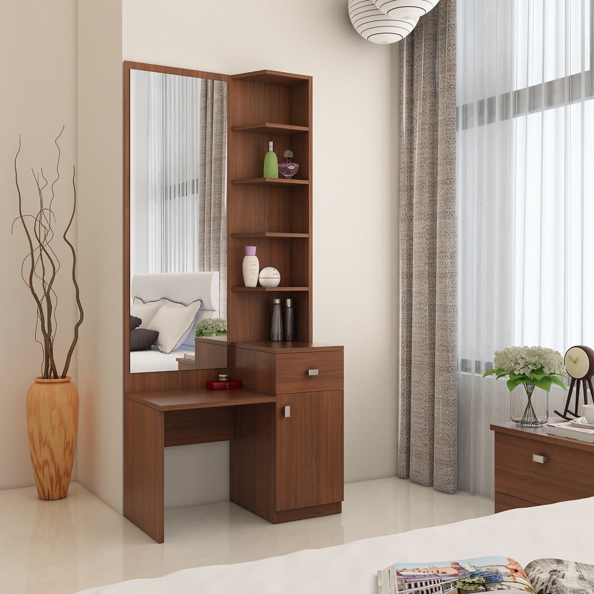 Premium Dressing Table with Storage | 3 Year Warranty |Dressing Table with Mirror, Dresser Table|Engineered Wood - Walnut Rigato