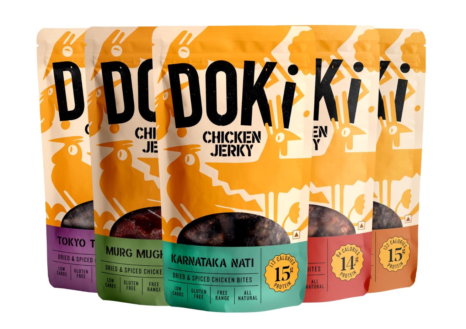 DOKi Chicken Jerky for Humans (5 Flavours) (High Protein, Low Calorie, All-Natural, Gluten Free, Ready-to-eat meat))