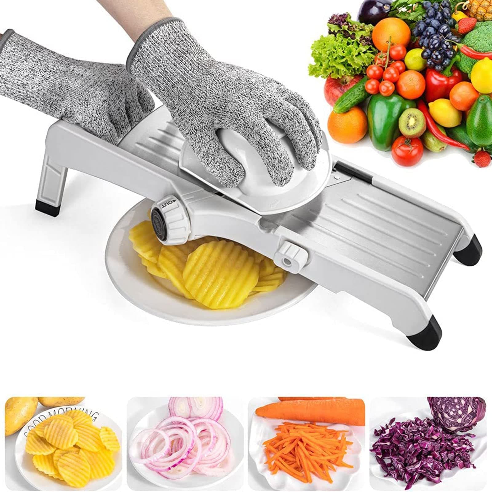 VEKAYA Mandoline Slicer for Kitchen, Stainless Steel Professional Vegetable Slicer with Adjustable Thickness, Safety Gloves & Food Holder, Easy to Clean, Ideal for Potatoes, Onions, Cucumbers