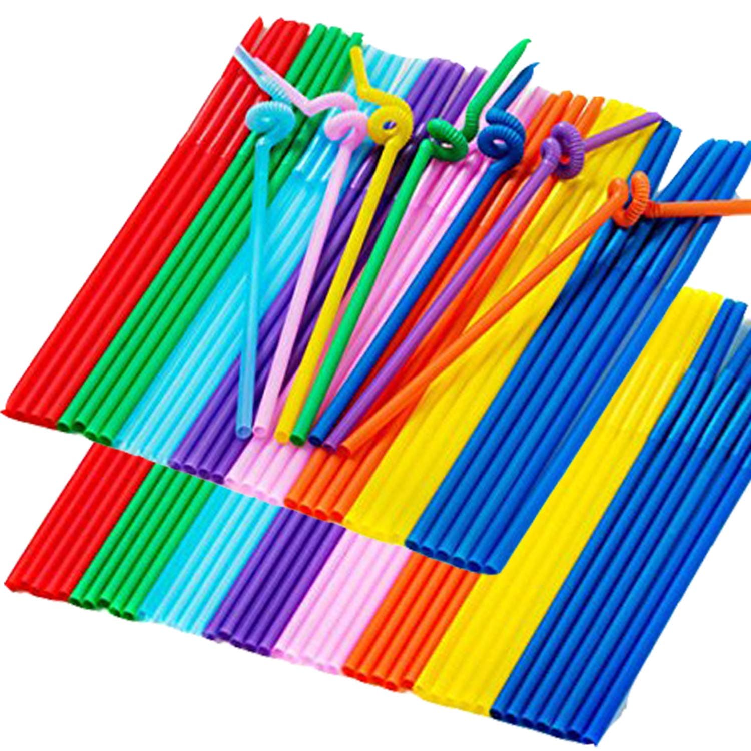 200 PCS Drinking Straws with a Drink Coffee Tea Stirrer Spoon,Colorful Disposable Extra Long Bendable Plastic Drinking Straws