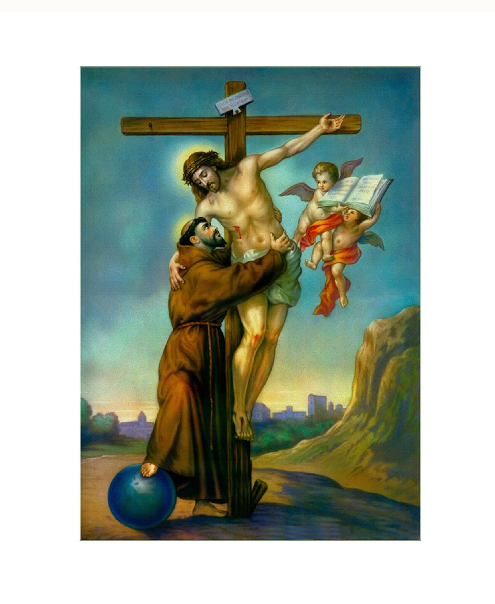 Jesus Christ on The Cross Embracing St. Francis of Assisi Bible Poster A3 Size