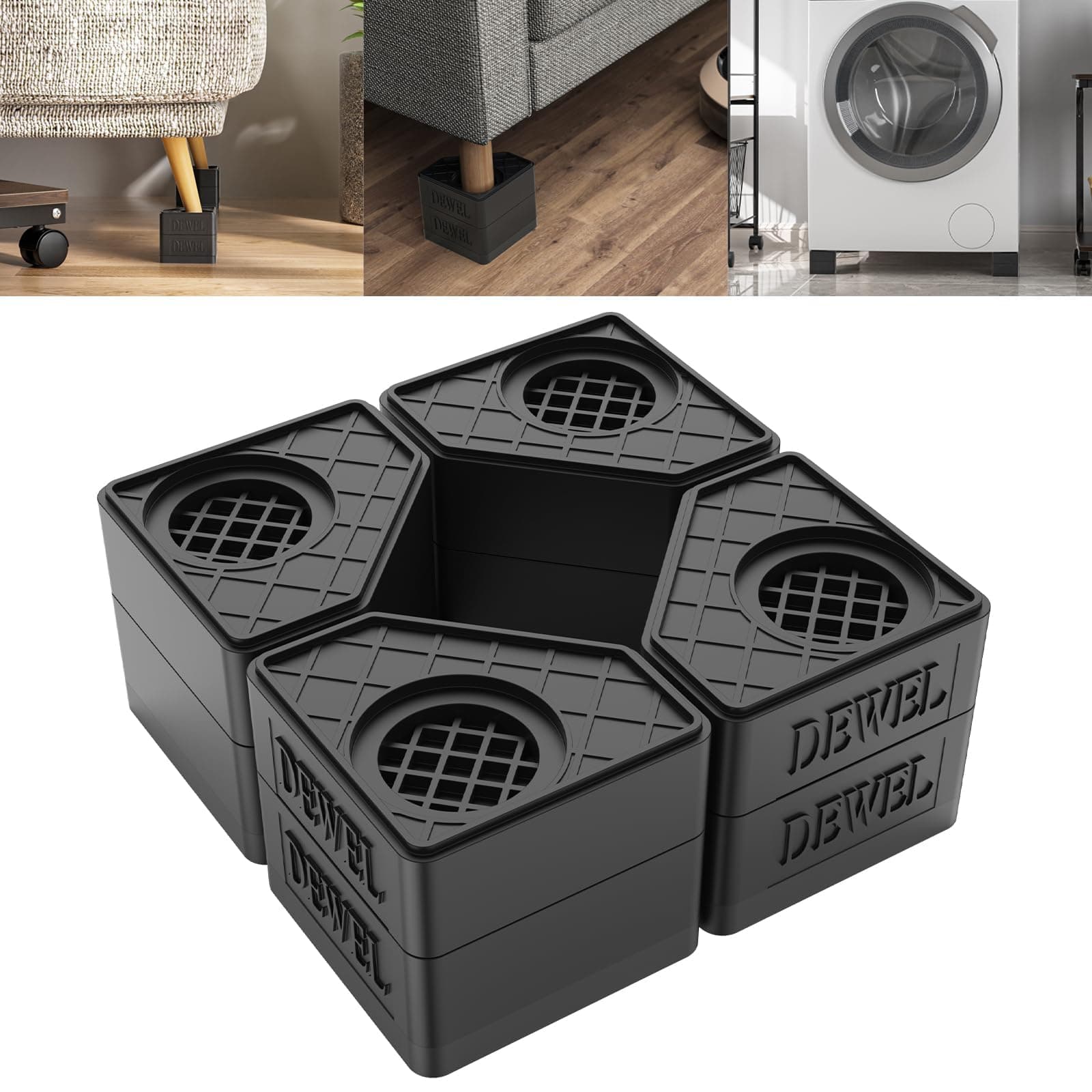 SEISSO Anti Vibration Pads for Washing Machine. 4 Pack Washer and Dryer Pedestals High Hard Wearing Stackable Rubber Pads. Shock and Noise Cancelling for Washing Machine Foot Pads (Black)