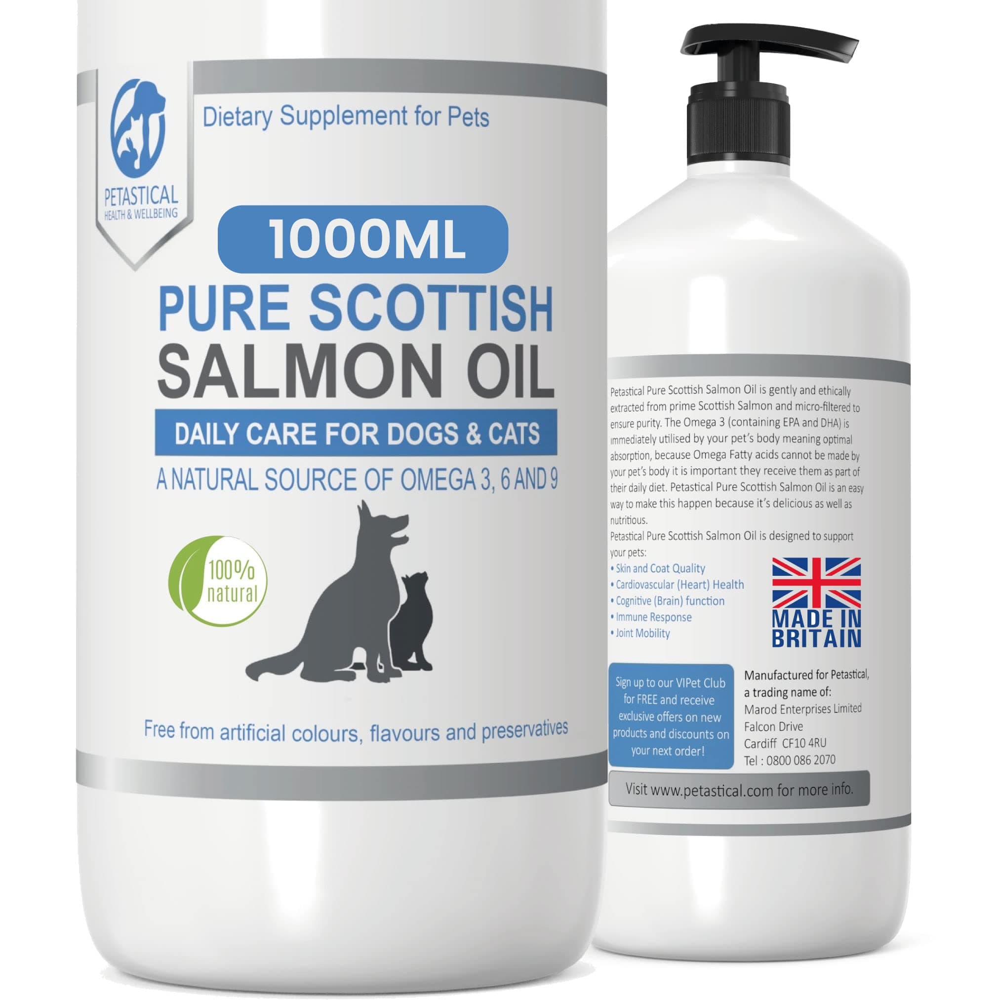 Petastical Pure Scottish Salmon Oil for Dogs Cats Pets Horses Ferrets | Fish Oil with a Natural Source of Omega 3,6,9 for Coat, Skin, Heart, Brain, Joint (1 Litre)