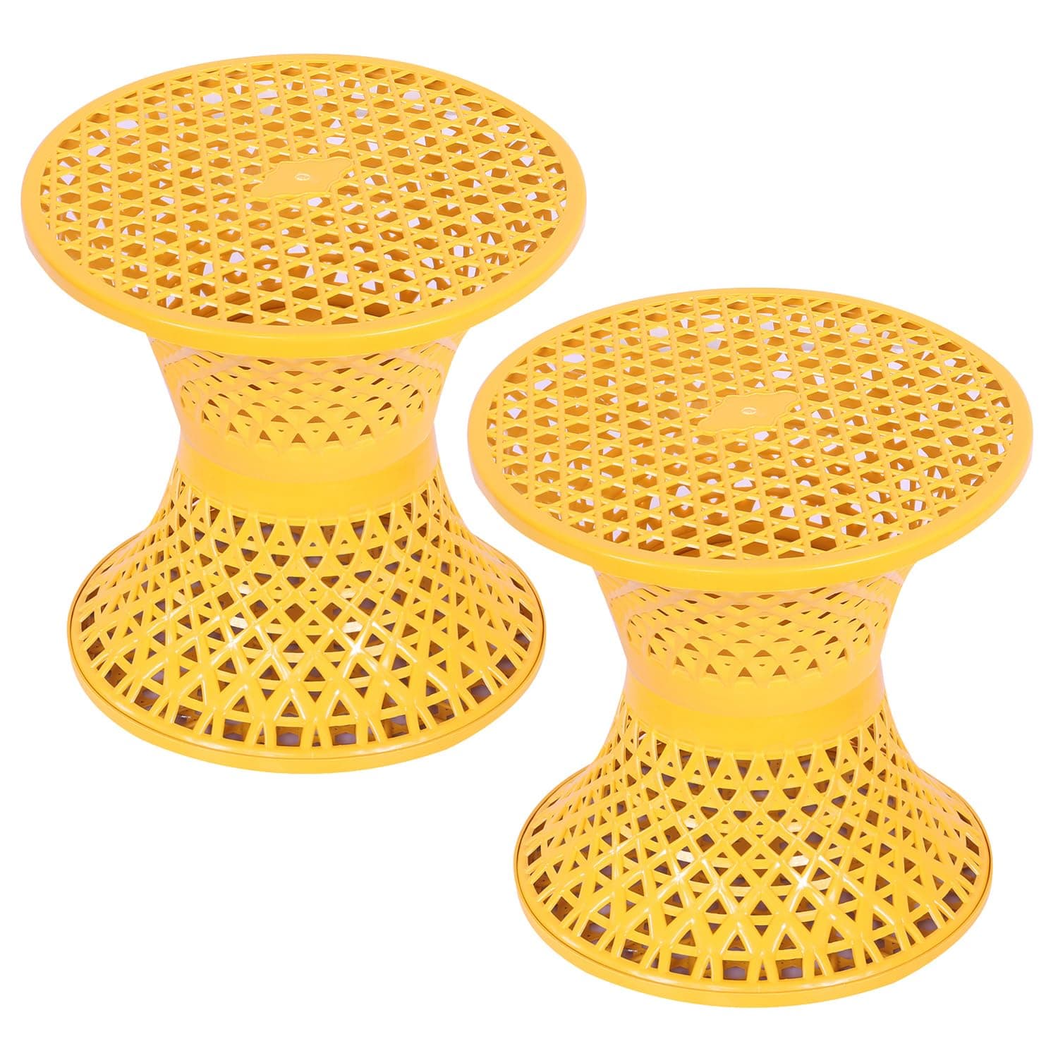 Kuber Industries Seating Stool | Plastic Mesh Damroo Stool | Both Sided Stool for Guestroom | Damroo Style Stool | Stool for Graden | Stool for Balcony | Pack of 2 | Yellow