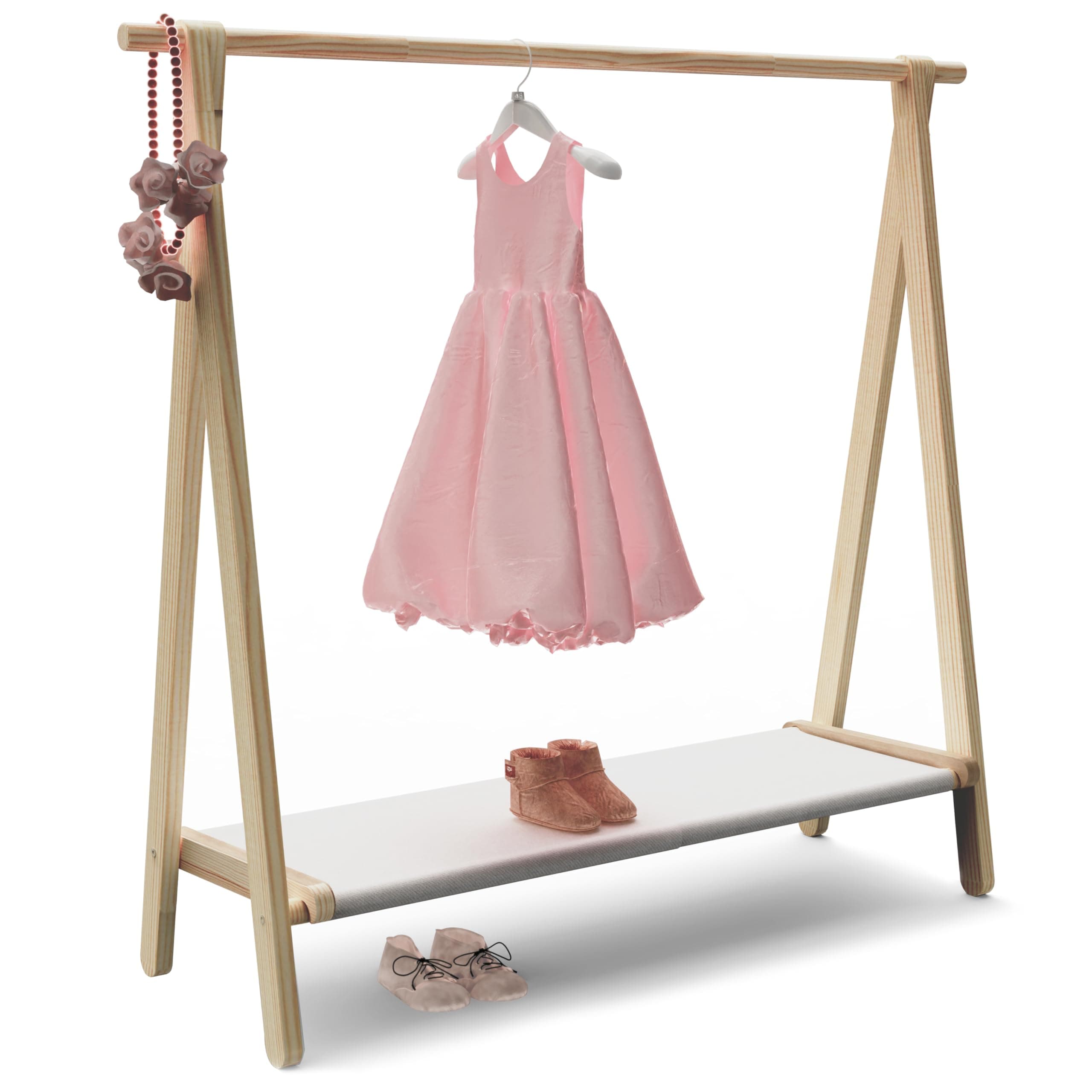 Dress up Rack, Child Garment Rack, Kids Clothing Rack with Storage Shelf(Natural Pine, 47.5" L x 14.5" W x 43.7" H)