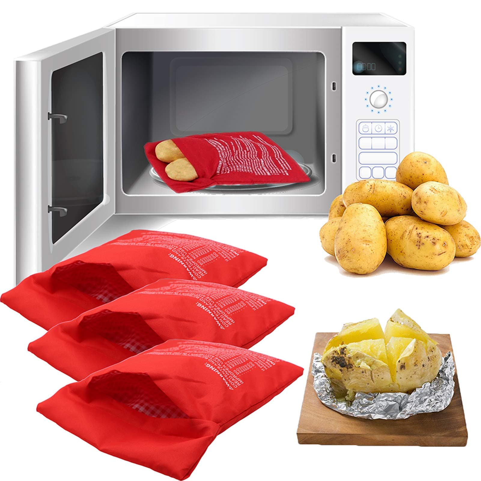 LeeYean Microwave Potato Bag, 3 Pack Reusable Express Microwave Potato Cooker Bag, Baked Potato Cooker Perfect Potatoes 4 Minutes - Red Baked Pouch
