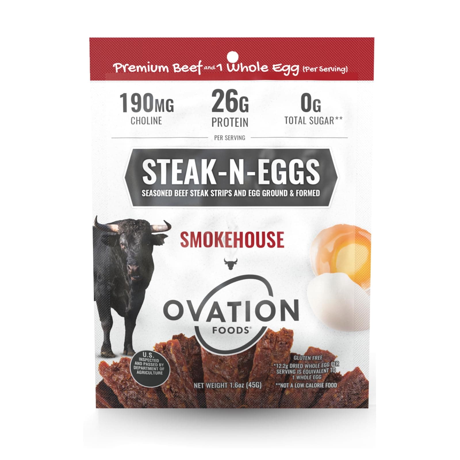 Steak-N-Eggs Beef Strips, Zero Sugar, High-Protein Jerky (26g premium protein), Gluten Free, KETO, 190 mg Choline, Paleo 1.6oz Bag - Smokehouse…