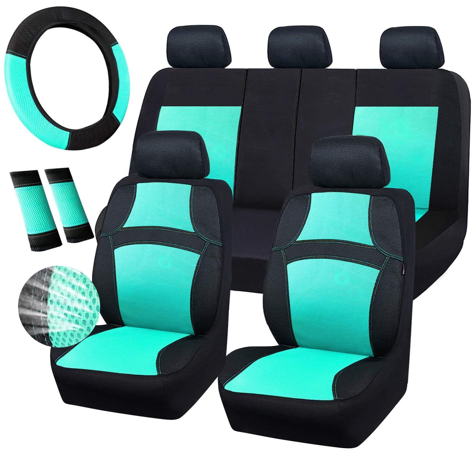 CAR PASS Rainbow Universal Fit Car Seat Cover -100% Breathable with 5mm Composite Sponge Inside,Airbag Compatible(14PCS, Mint Blue)