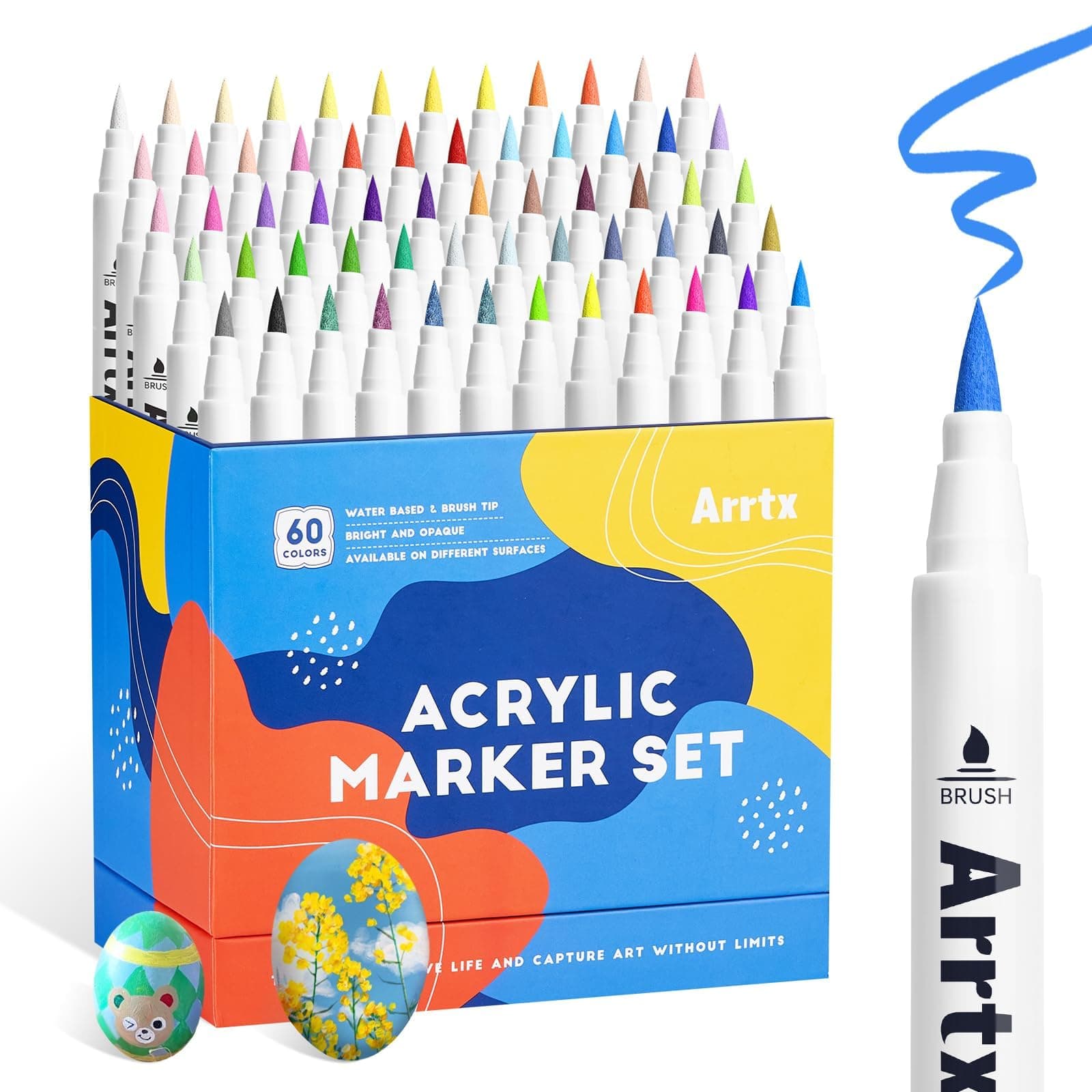 60 Colors Acrylic Paint Pens, Markers Paint Pens, Brush Tip for Rock Painting, Wood, Canvas, Stone, Ceramic, DIY Crafts Making Art Supplies-with Neon & Metallic & Regular Color-60A