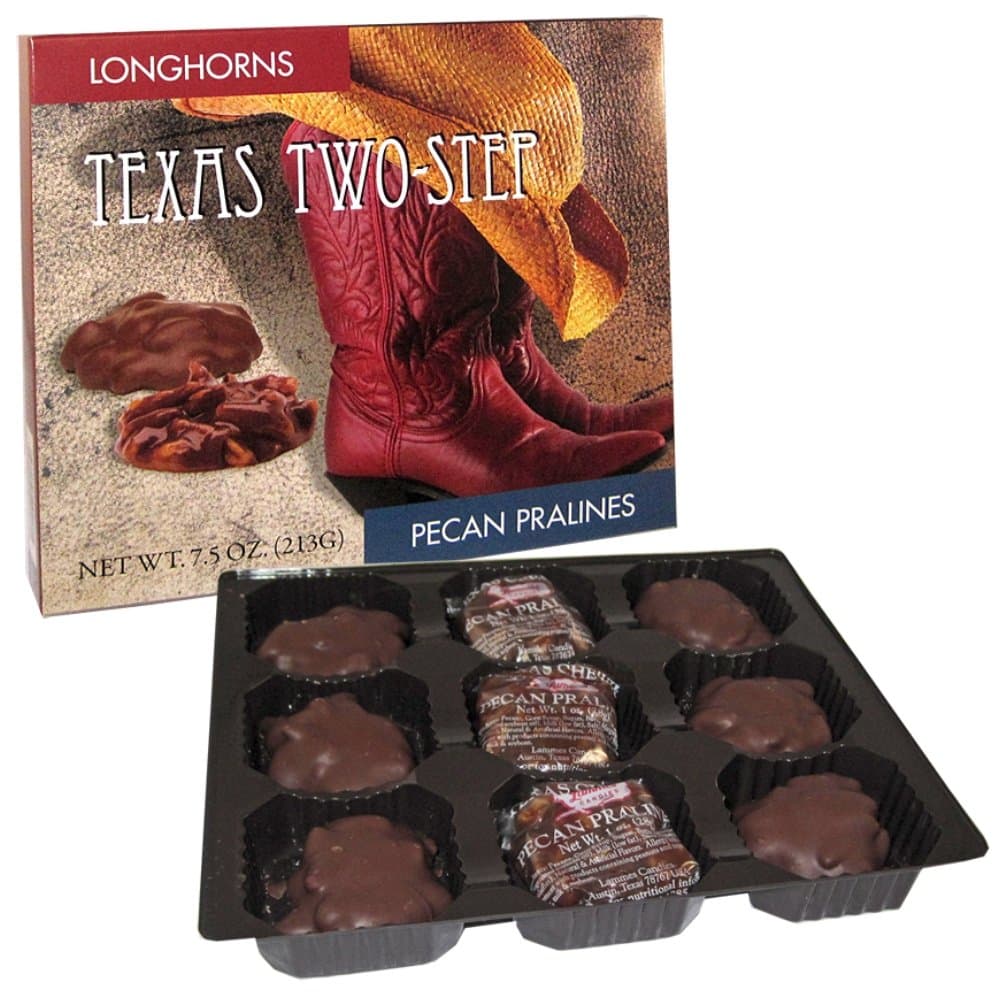 Lammes Candies Texas Two-Step: Milk Chocolate Longhorns (Chocolate Pecans & Caramel) and Texas Chewie Pecan Pralines Combination Gift Box, 7.5 Oz.