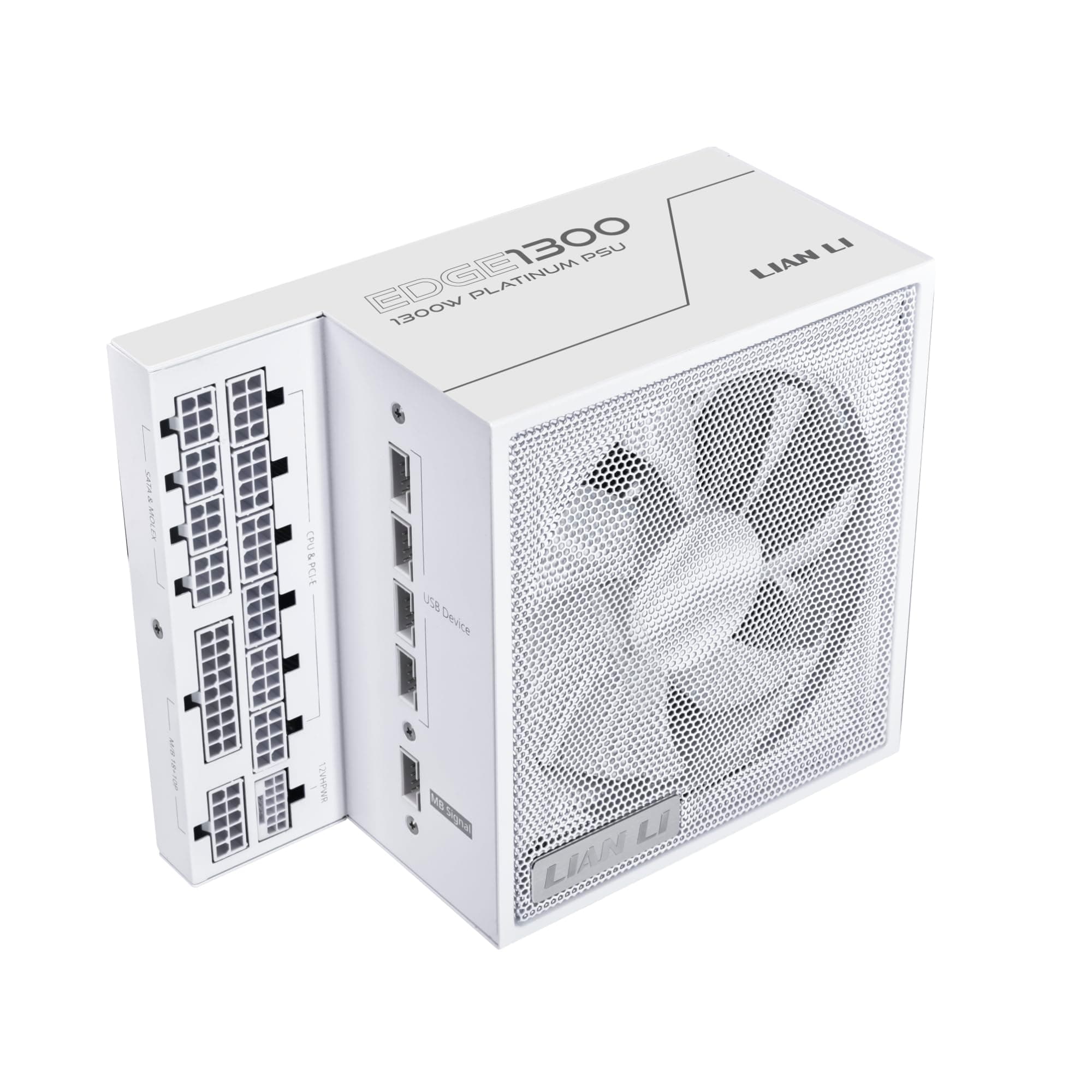 Lian Li Edge Series - 1300W Full Modular Power Supply - 80 Plus Platinum - ATX 3.0, 3.1-PCIE 5.1-Right Angle Design Dual Chamber Case - 120mm FDB Fan - Supports Up to 4x USB Devices - White