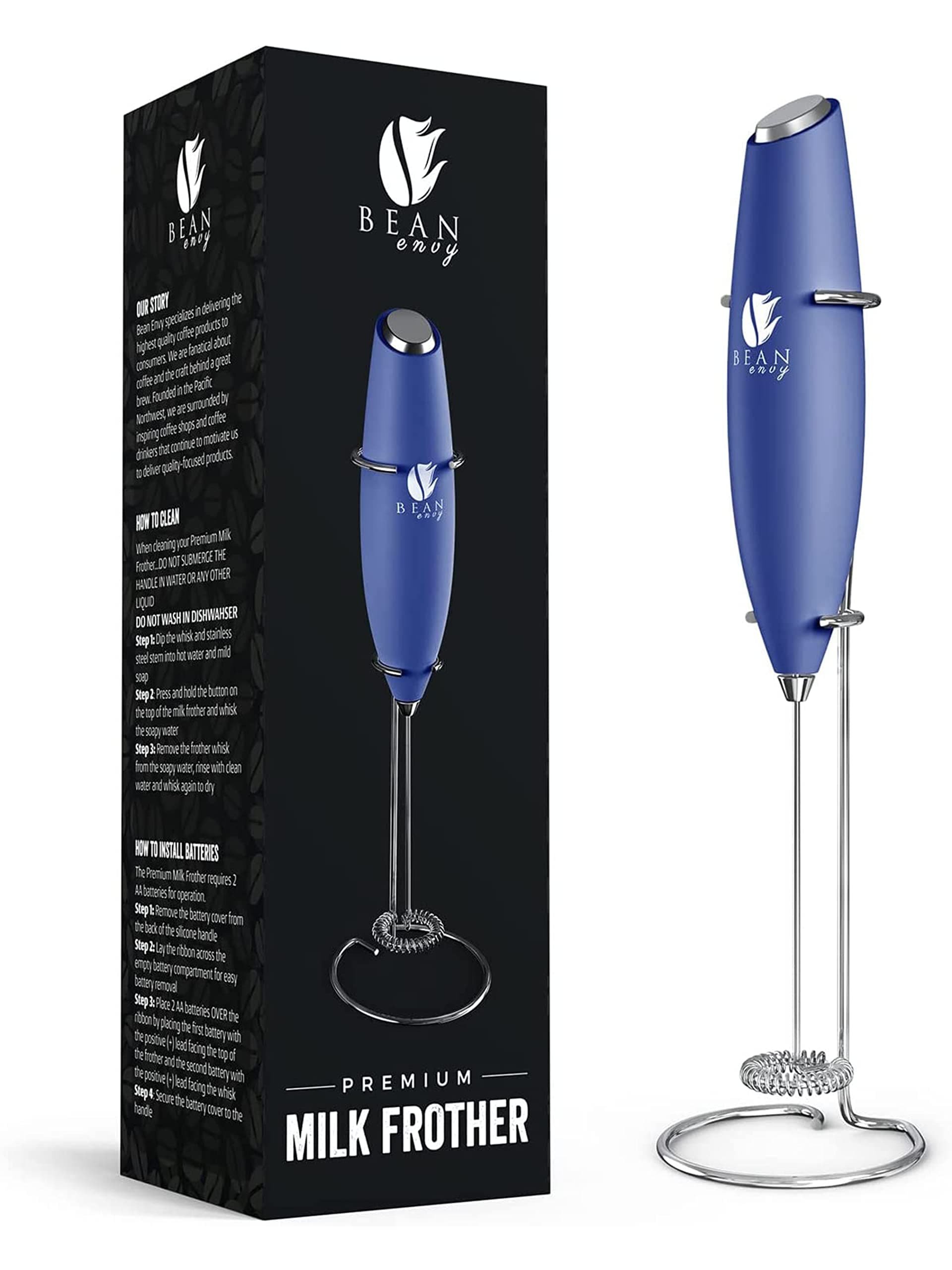 Your Own Bean Envy Milk Whisk, Perfect for the Best Lattes - Whip Whisk - Includes Stainless Steel Stand - Blue