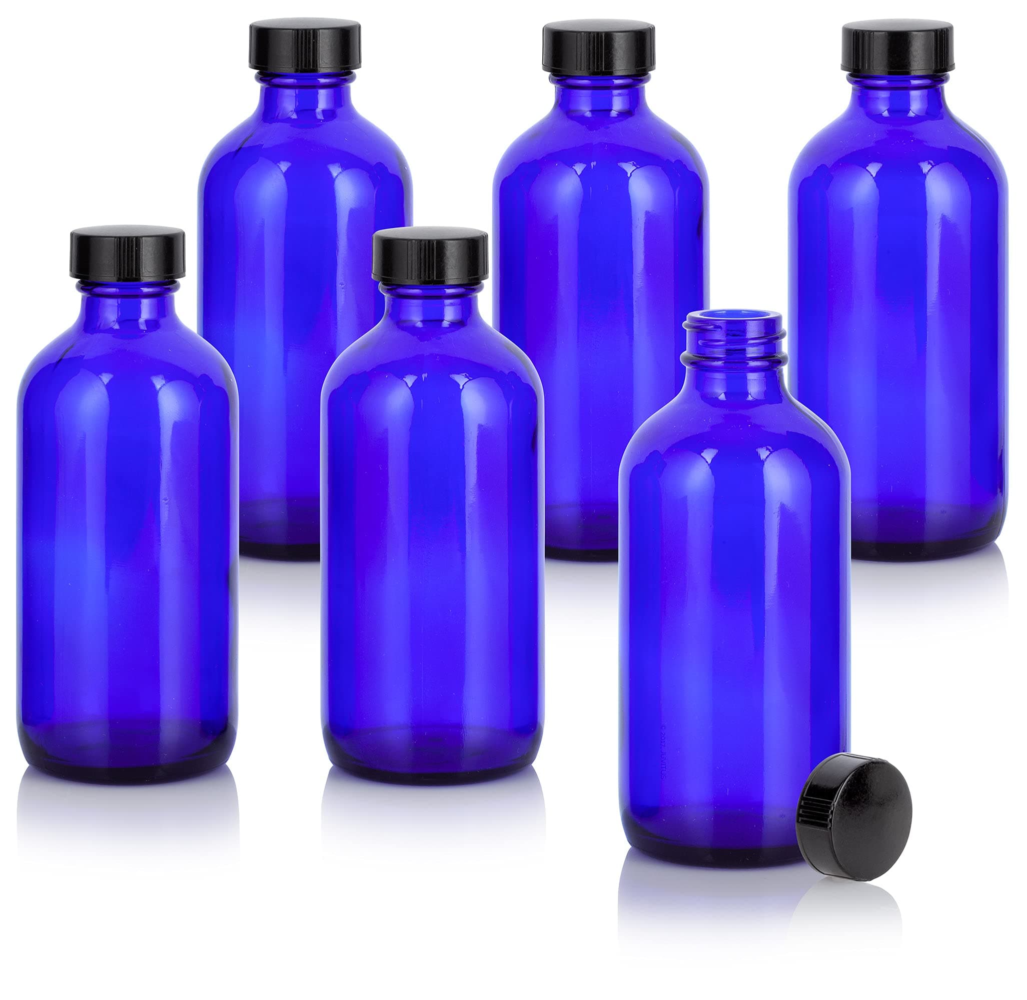 JUVITUS 8 oz Cobalt Blue Glass Boston Round Bottle with Black Phenolic Cone Lined Caps (6 Pack)