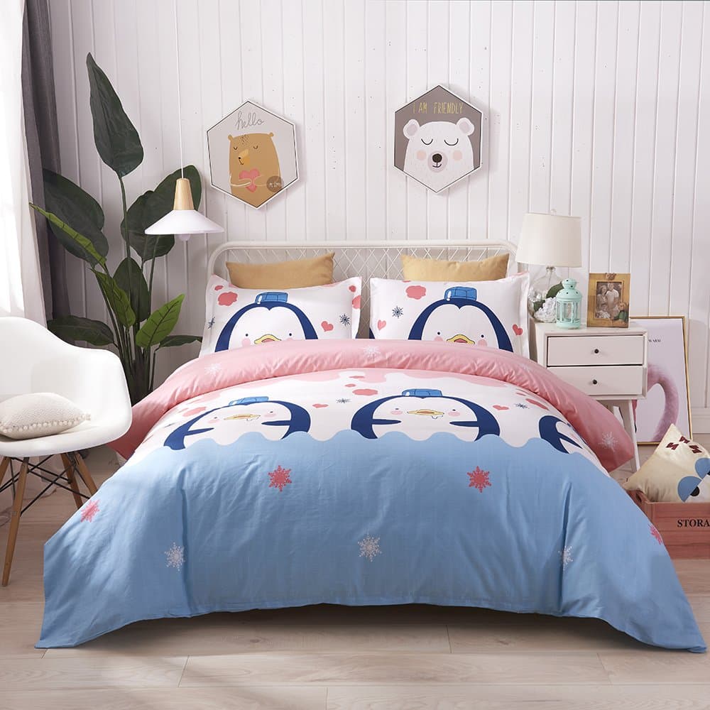 Bedlifes Cartoon kids Duvet Cover Set Twin Cotton Girls Bedding Set Penguin Printed (1 Duvet Cover+1 Pillow Shams) with Zipper Closure and Ties for Girls Boys (Pink 2PCS Twin Size)