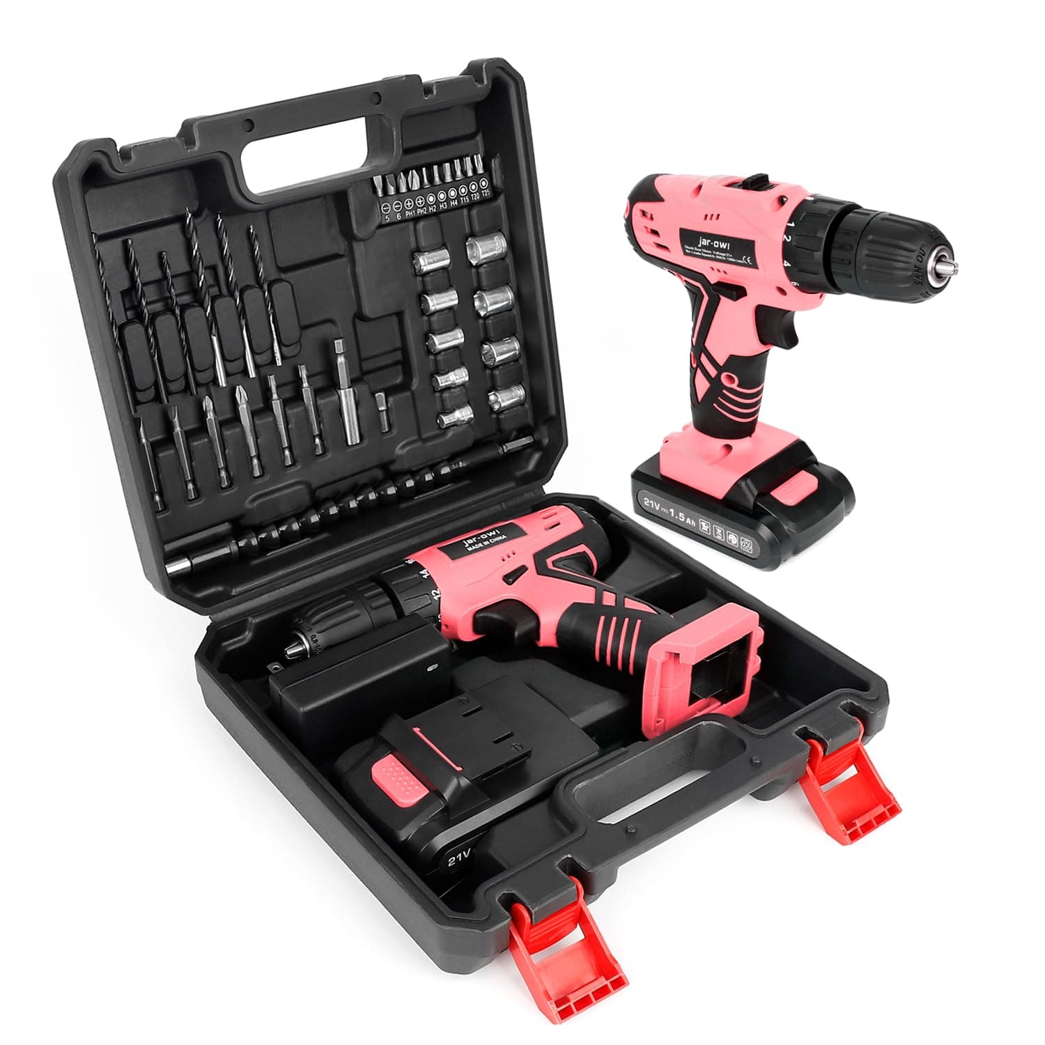 Jar-Owl 21V Pink Cordless Drill Set for Women,350 in-lb Torque, 0-1350RMP Variable Speed, 10MM 3/8'' Keyless Chuck, 18+1 Clutch, 1.5Ah Li-Ion Battery & Charger for Home DIY and Repair - Black & Pink