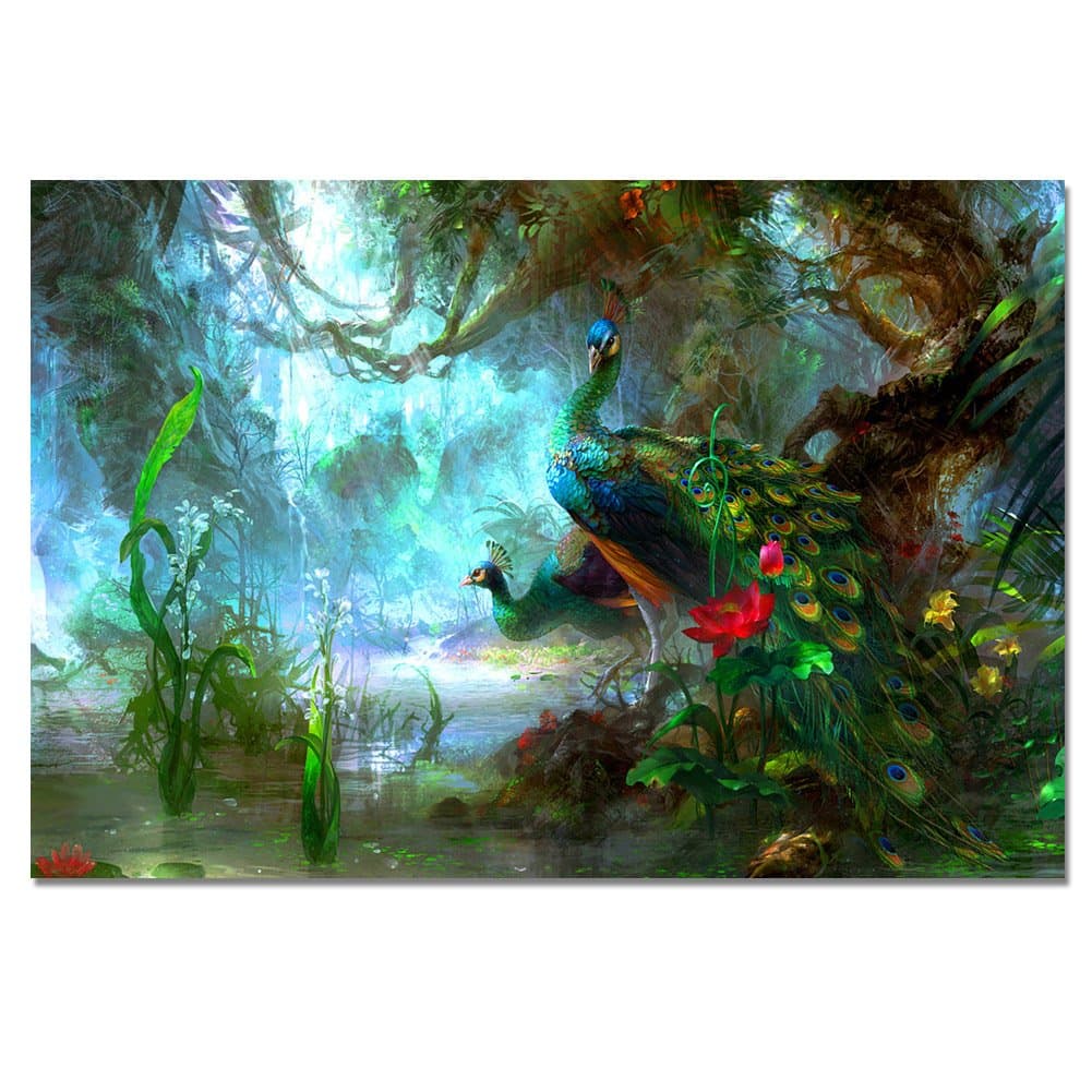 Large Size Classical Animal Canvas Giclee Print Painting Peacock Walking Landscape Scenery Hotel Wall Art Decor Picture (36x48 Inch Unframed)