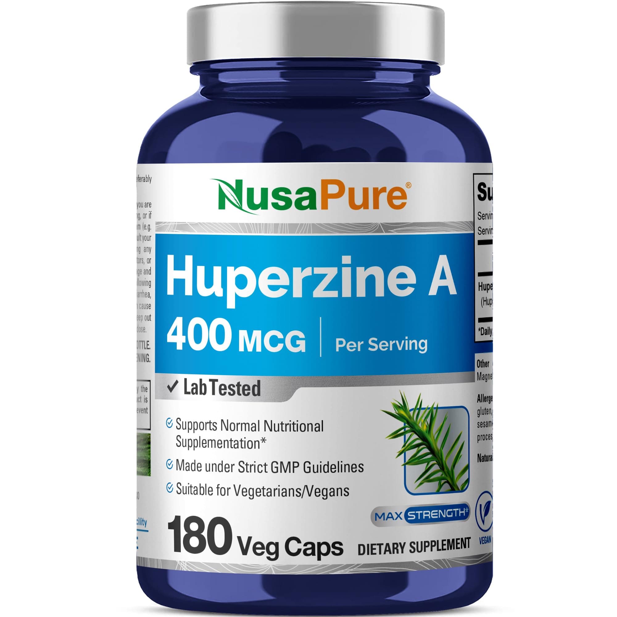 NusaPure Huperzine A 400mcg 180 Veggie Capsules (Vegetarian, Non-GMO, Vegan)