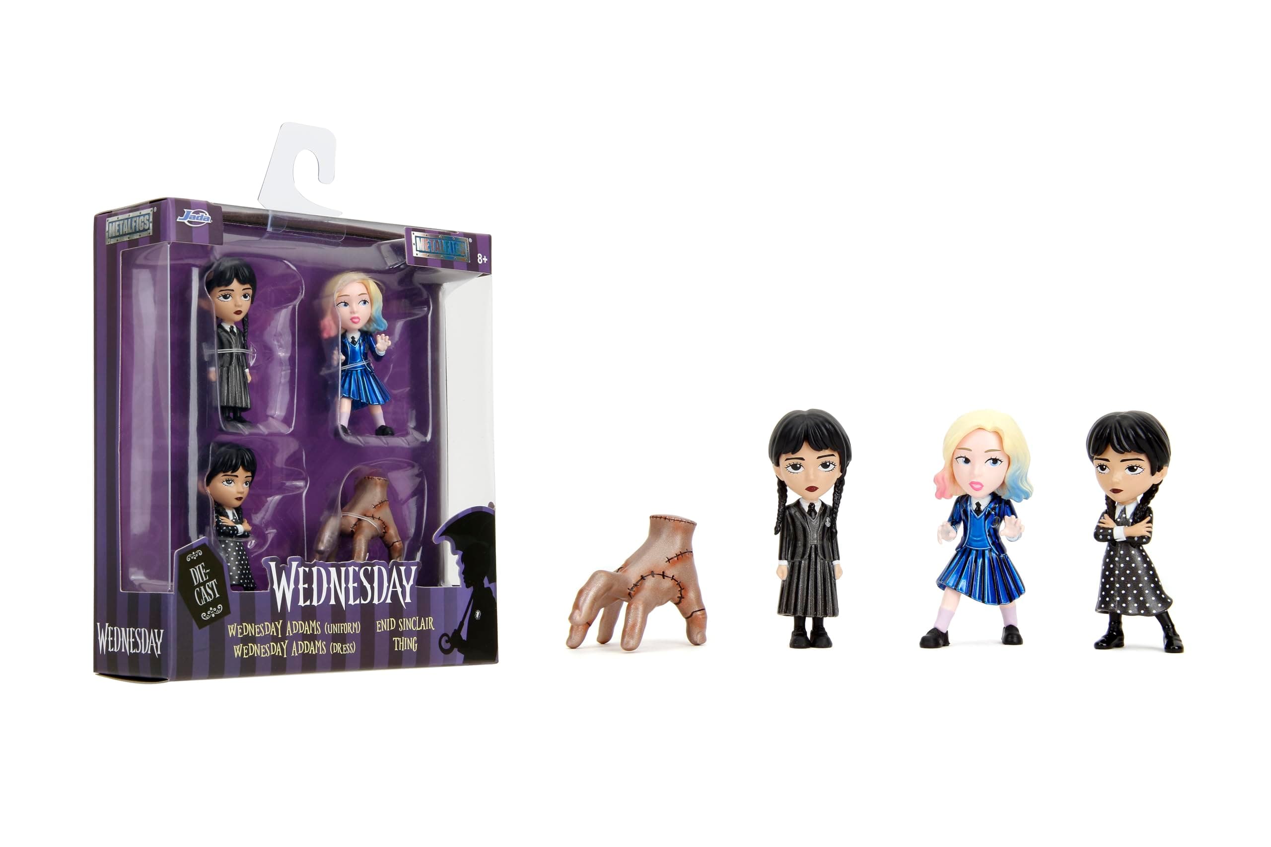Jada Wednesday 2.5" Metalfigs 4-Pack ā Durable Die-Cast Collectible Figurines ā Includes Wednesday, Enid, Thing, Morticia ā Ages 8+ ā Vibrant Color Details, for Collectors & Fans