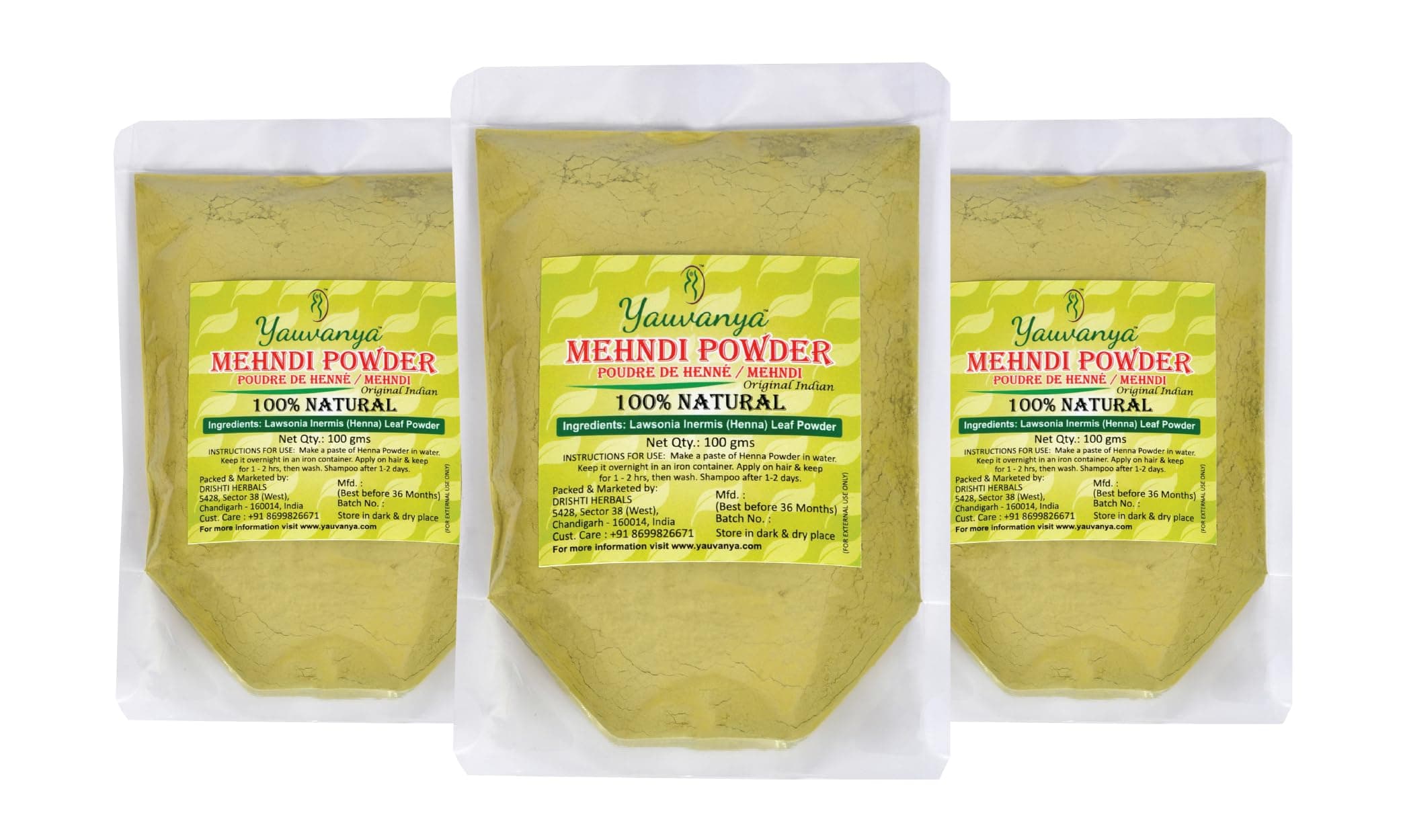 Yauvanya Original Indian Rajasthani Pure and Natural Henna (Mehndi) for Hair | Natural hair color | No chemical - 300 gms (3 Packets of 100 gms each)