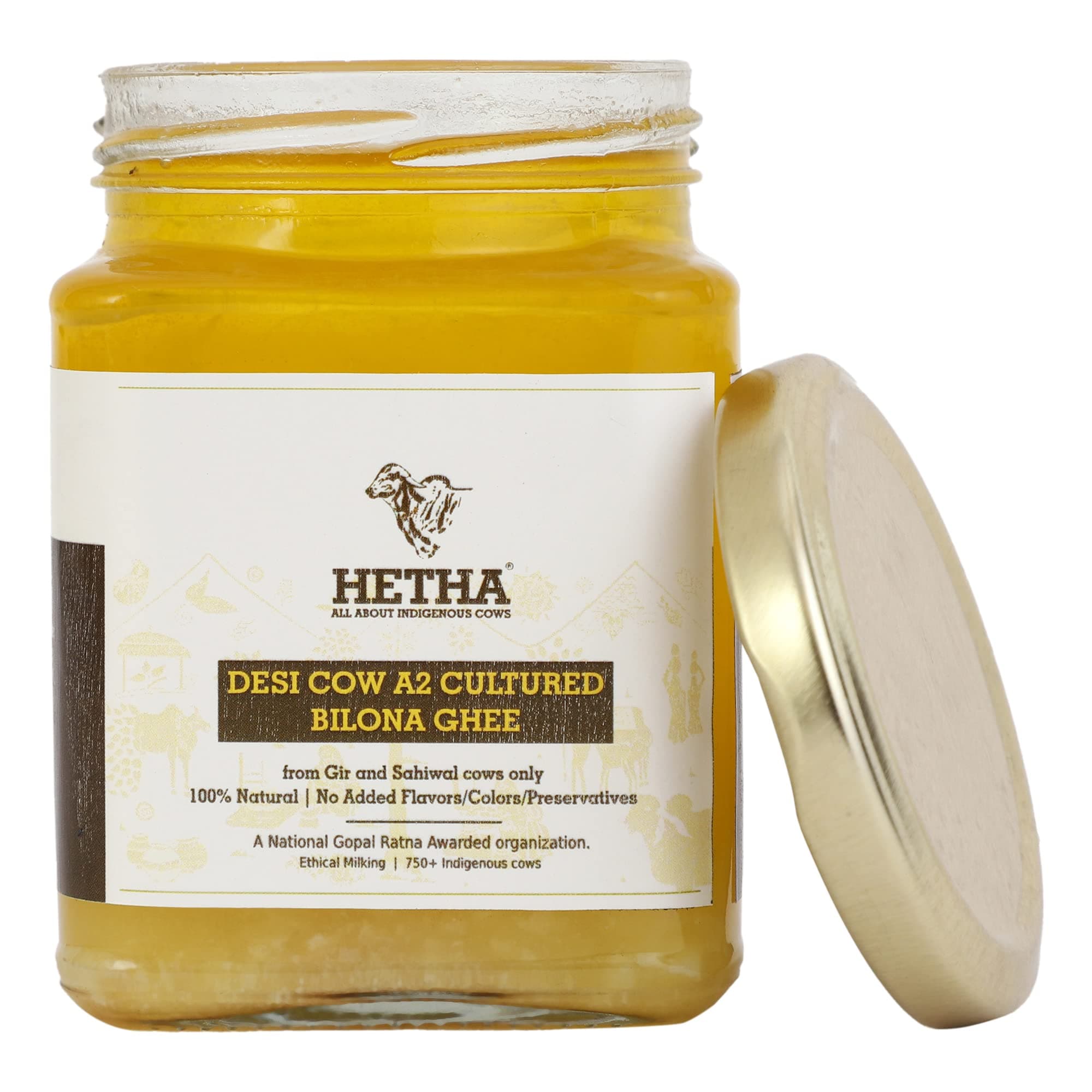 Organics Desi Cow Bilona A2 Cultured Ghee Made in Brass Utensil (Peetal kadhai) Single Origin Made at Hetha Farm The Traditional Way - 250ml