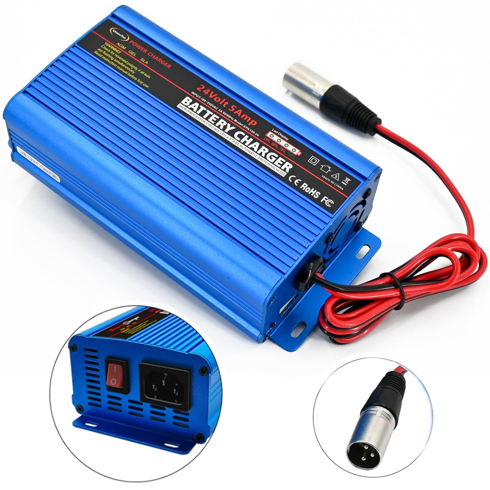 24V Battery Charger Automatic smart Charger 5A trickle Charger and I/O Switch 3 pin XLR Connector for Charging AGM Gel Lead-Acid Batteries for Cars wheelchairs Boats
