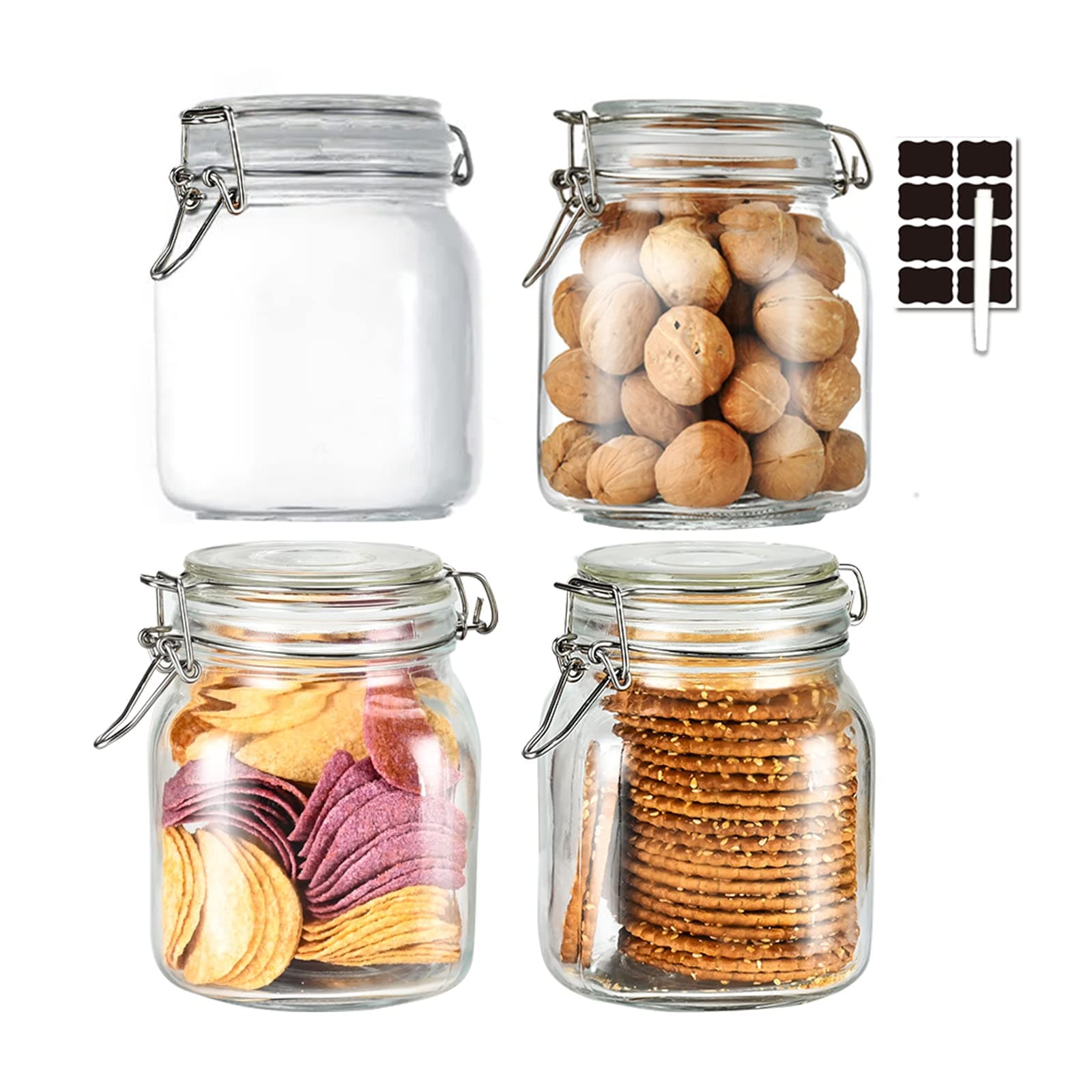 32oz Glass Food Storage Jars with Airtight Clamp Lids,Set of 4 Airtight Glass Canister Square- Clear Storage Container for Kitchen Container Storing Sugar, Flour, Cereal,Coffee,Spice…