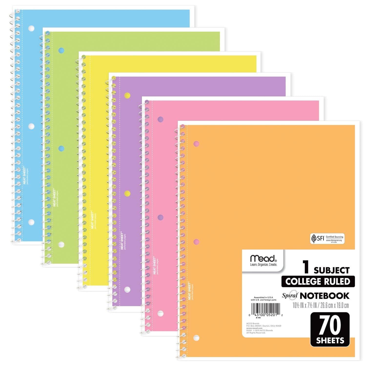 Spiral Notebooks, 6 Pack, 1-Subject, College Ruled Paper, 8" x 10-1/2", 70 Sheets, Assorted Pastel Colors (830049-ECM)
