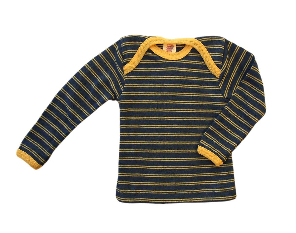 Engel 100% merino wool striped baby T-shirt thermo underwear (98/104, Sapphire/Sunshine yellow)