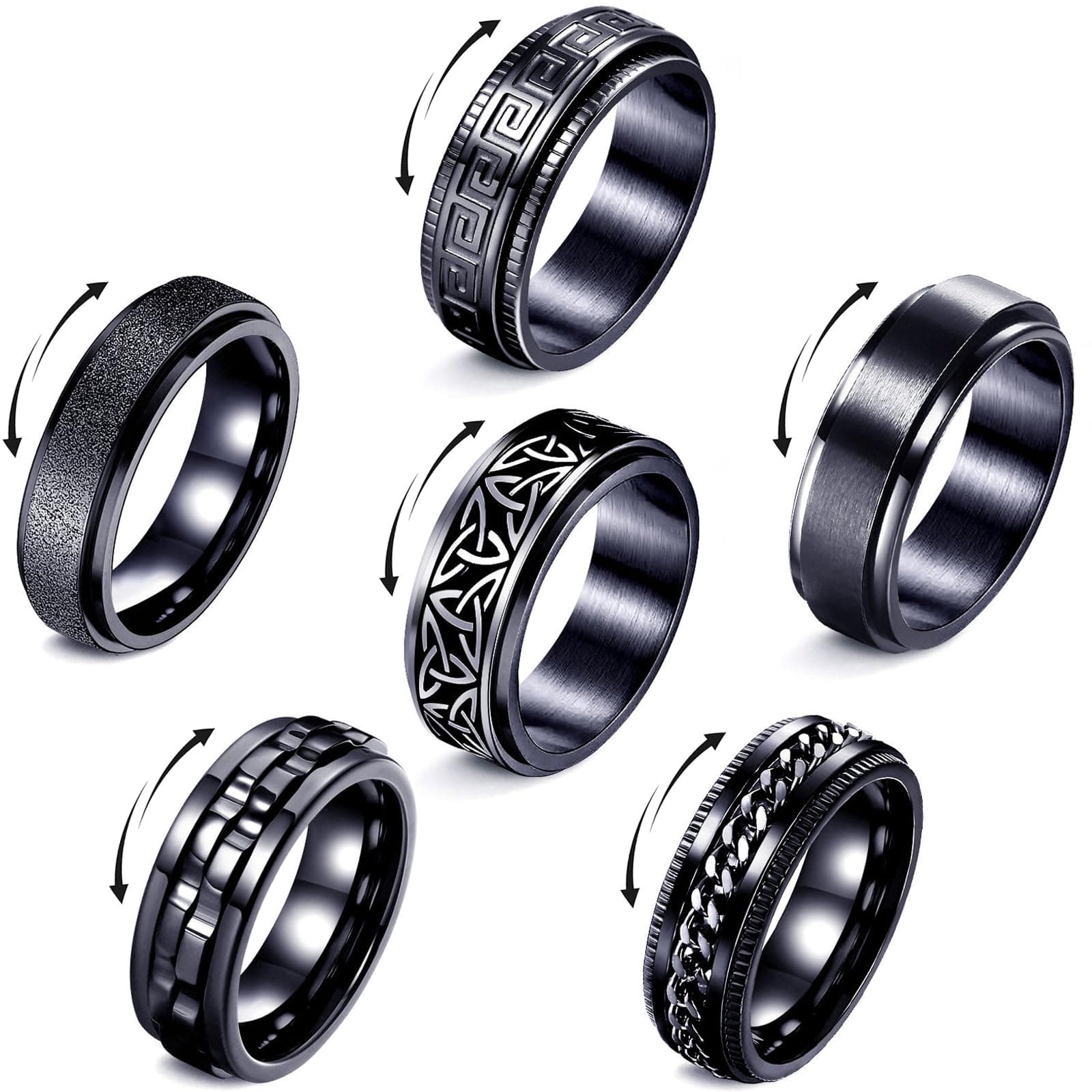 Fidget Rings for Anxiety 4-6pcs Stainless Steel Rings for Men Fidget Ring Black Anxiety Spinner Ring Set for Women Men