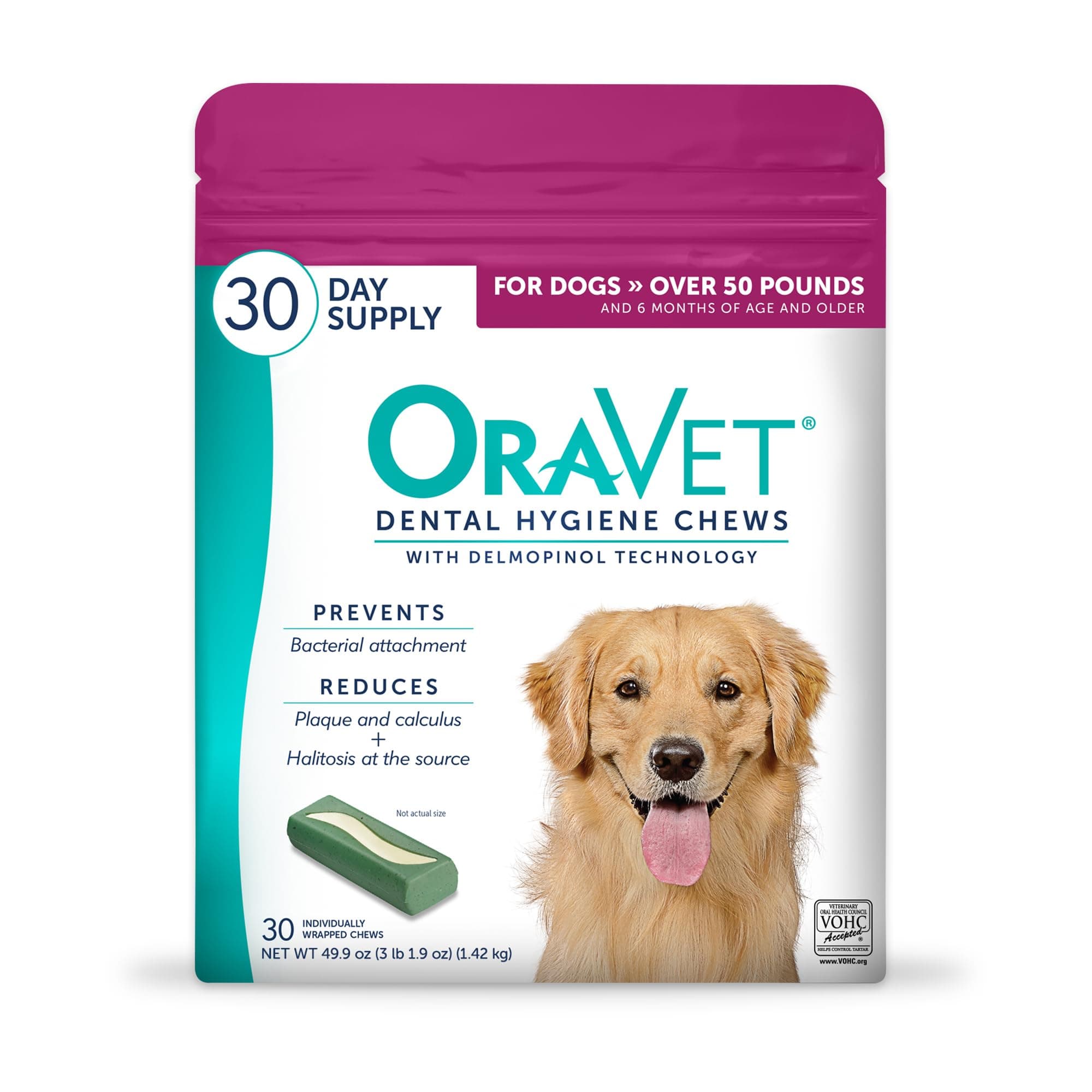 ORAVET Dental Chews for Dogs, Oral Care and Hygiene Chews (Large Dogs, Over 50 lbs.) Pink Pouch, 30 Count (Pack of 1)