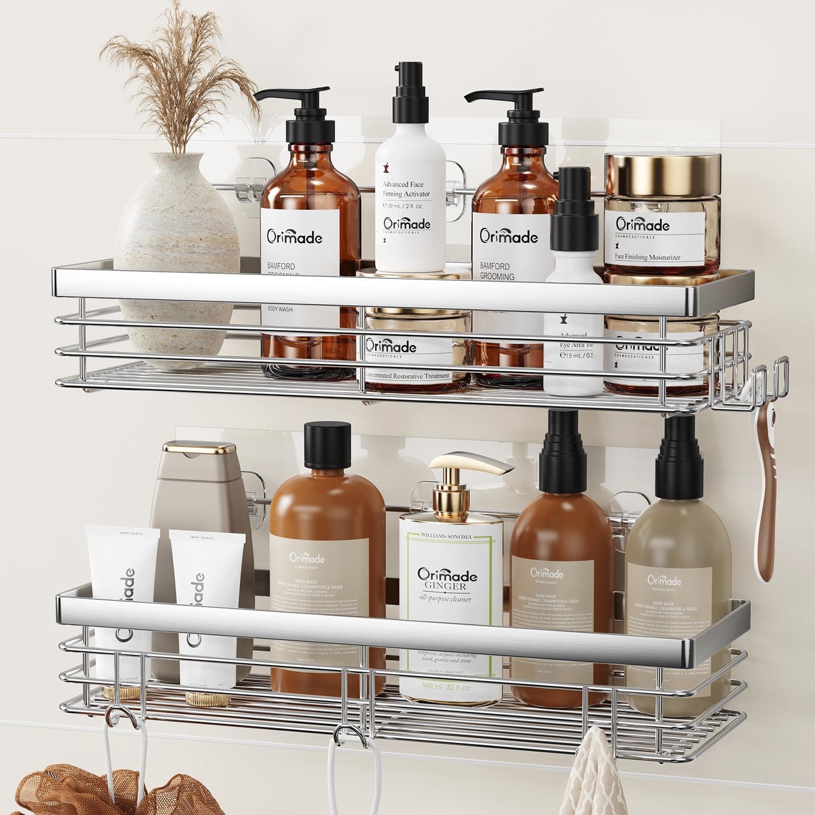 Orimade Shower Caddy with 5 Hooks Organizer for Hanging Razor and Sponge Bathroom Basket Adhesive Shower Shelf Storage Kitchen Rack Wall Mounted No Drilling Rustproof Stainless Steel - 2 Pack
