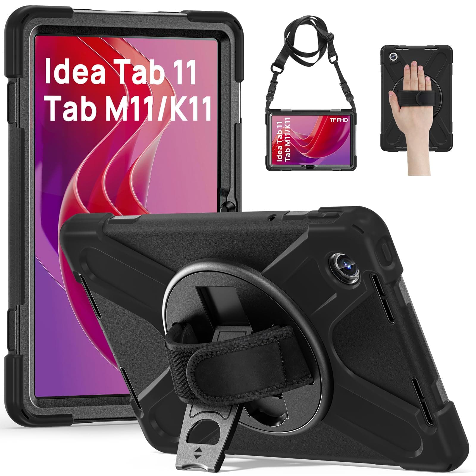 Case for Lenovo idea Tab 11 2025/Tab M11/K11/Xiaoxin Pad 11 inch Shockproof Rugged Cover with 360ยฐ Rotating Stand/Hand Strap, Shoulder Strap Durable Case for Lenovo Tab M11, Black