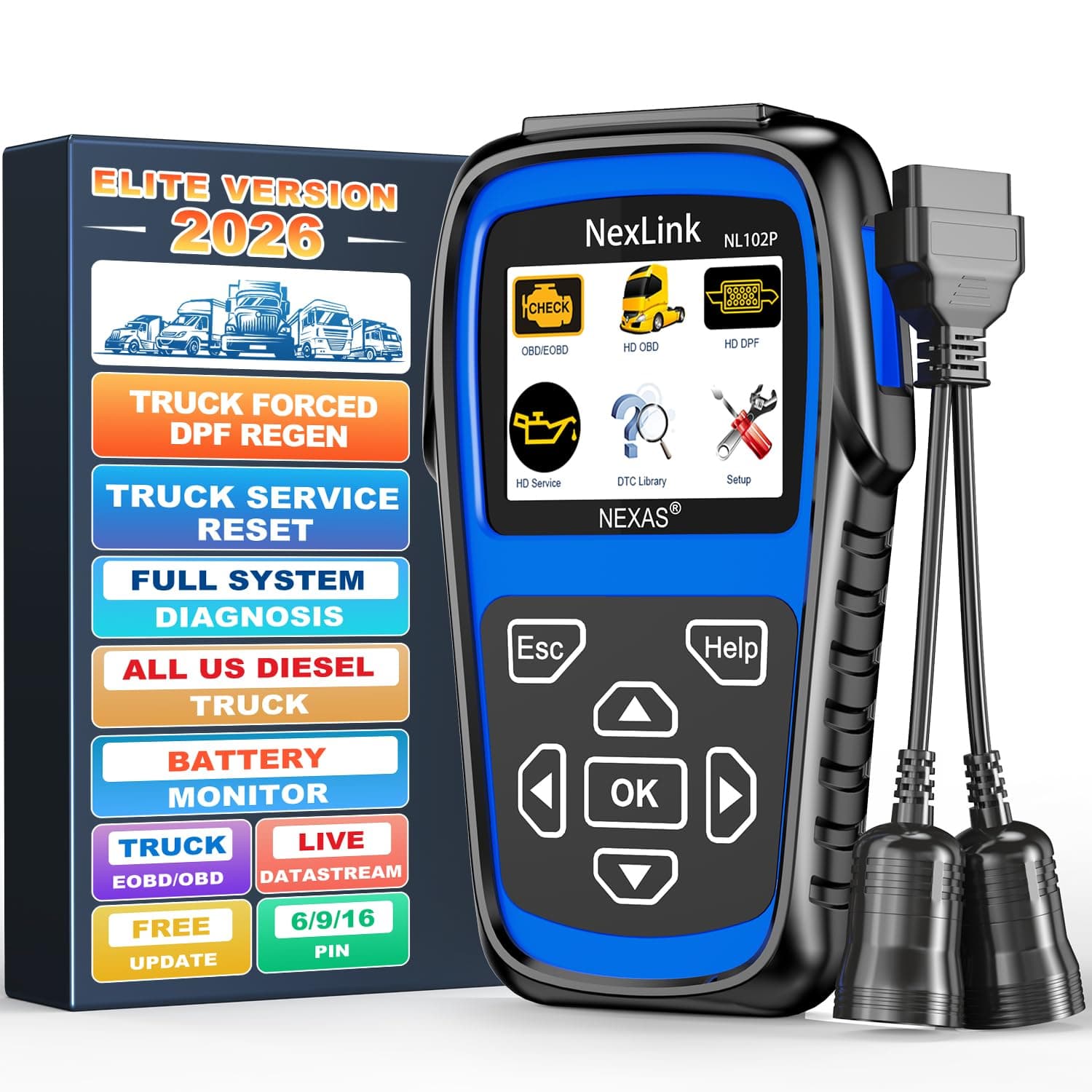 NEXAS NL102 Plus Heavy Duty Truck Scan Tool with DPF Regen Tool Full System Diagnostic Scanner HDOBD/EOBD Diesel Scanner with Oil Reset Sensor Calibration Truck & Car 2 in 1 Code Reader Elite Version