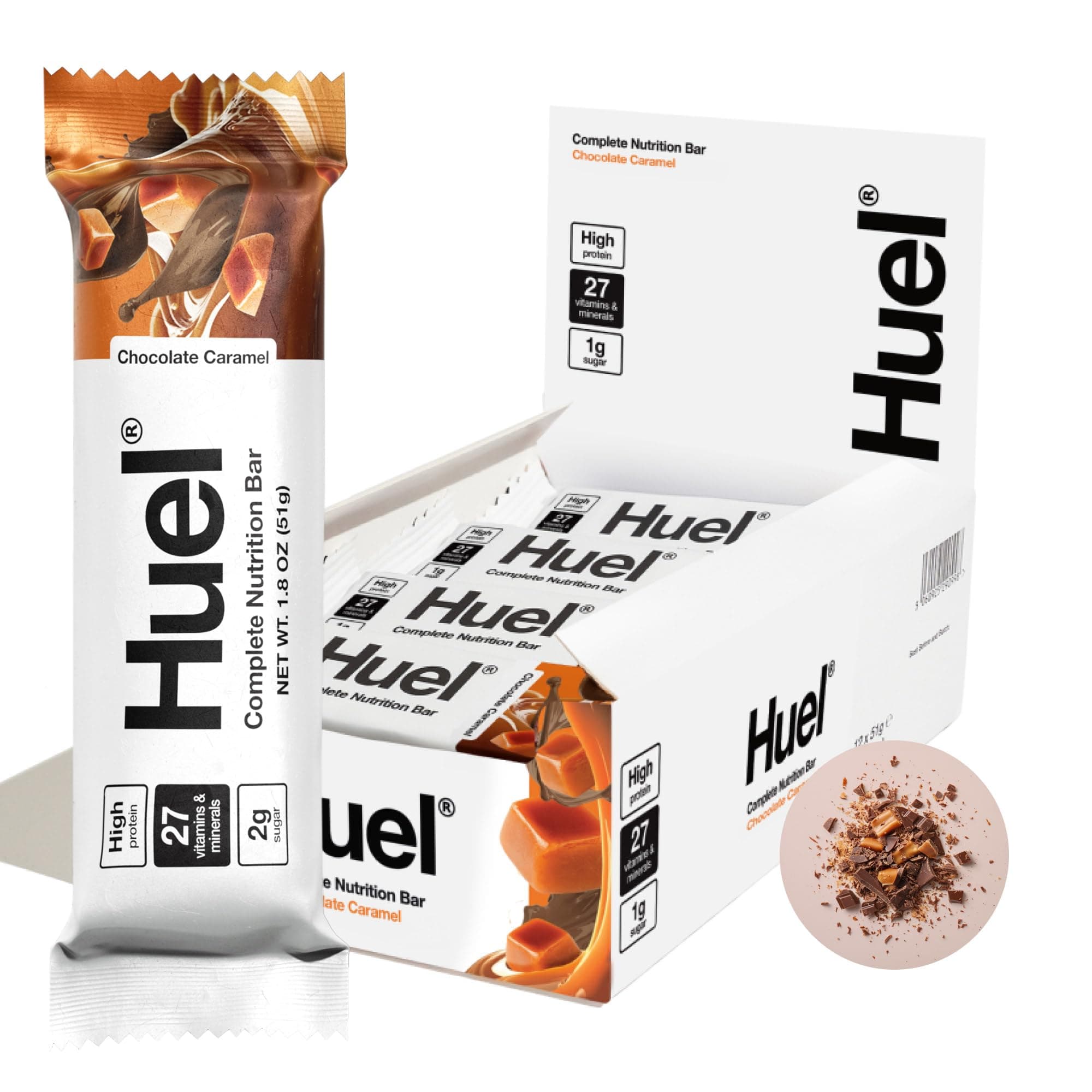 HuelComplete Nutrition Vegan Protein Bars | Peanut Caramel | 13g Protein | 27 Vitamins & Minerals, 2g Sugar, Non-GMO, 100% Plant Based Snack | 12 Pack