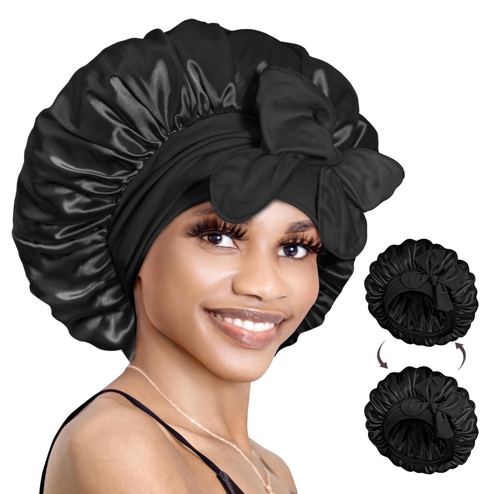 Bonnet Queen Reversible Silk Hair Bonnet for Sleeping - Adjustable Satin Bonnet for Women Designed for Curly Hair