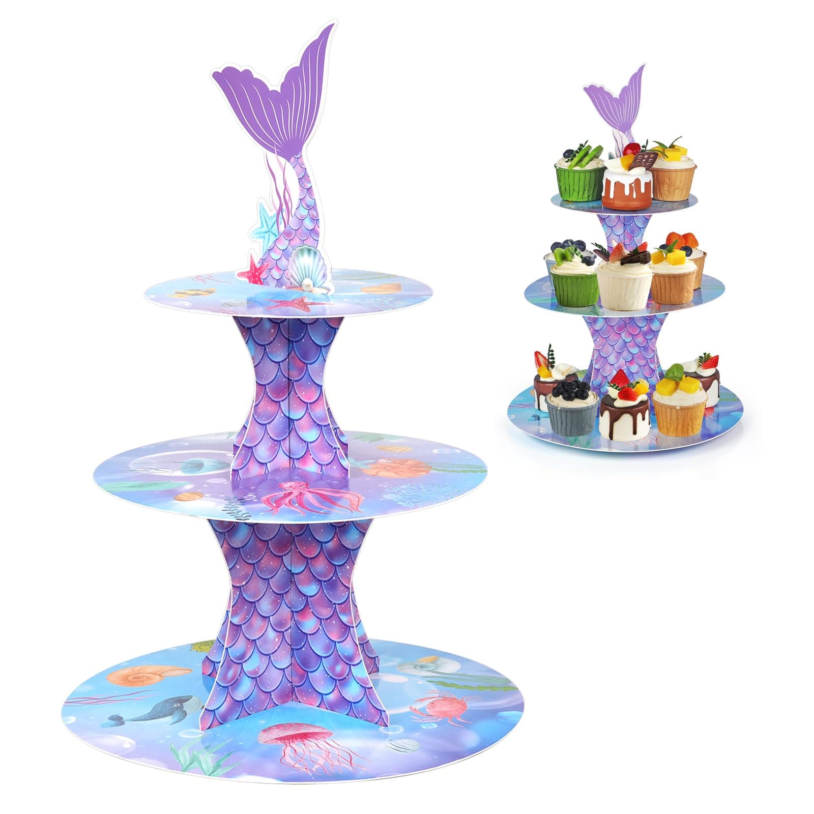 WINKIO Mermaid Cupcake Stand, Little Mermaid Birthday Party Decorations Supplies Favor Under the Sea Theme Cupcake Tower Holder for Girls Kids(1 Pack)