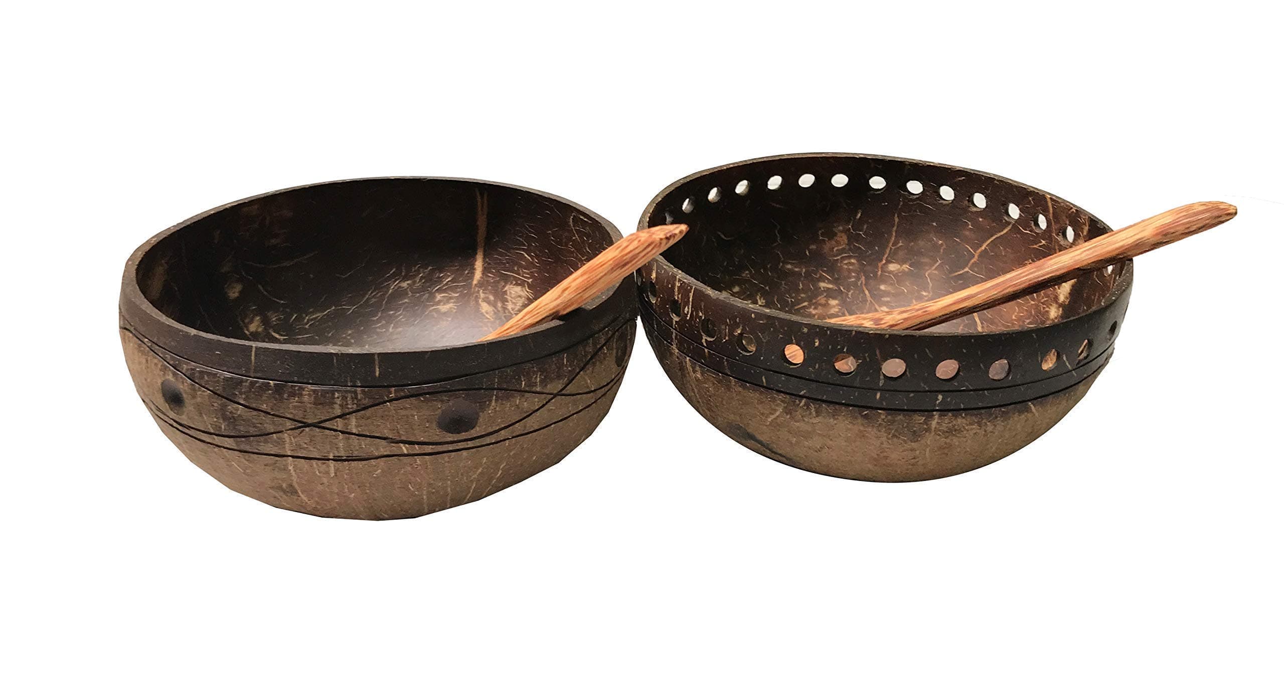 Gula, Natural Engraved Coconut Bowls and Spoons Set of 2, by Gratefully Kitchenware, Artistic Creative Designs, Handcrafted, used as Tableware or Garden Coconut Shell Hanging Planter Pots, Flower Pots