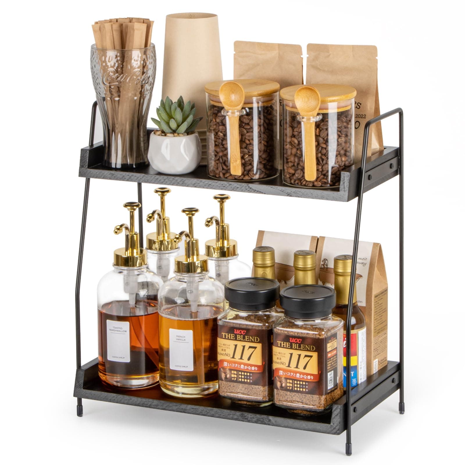 2-Tier Coffee Station Organizer, Wooden Kitchen Counter Shelf - Black
