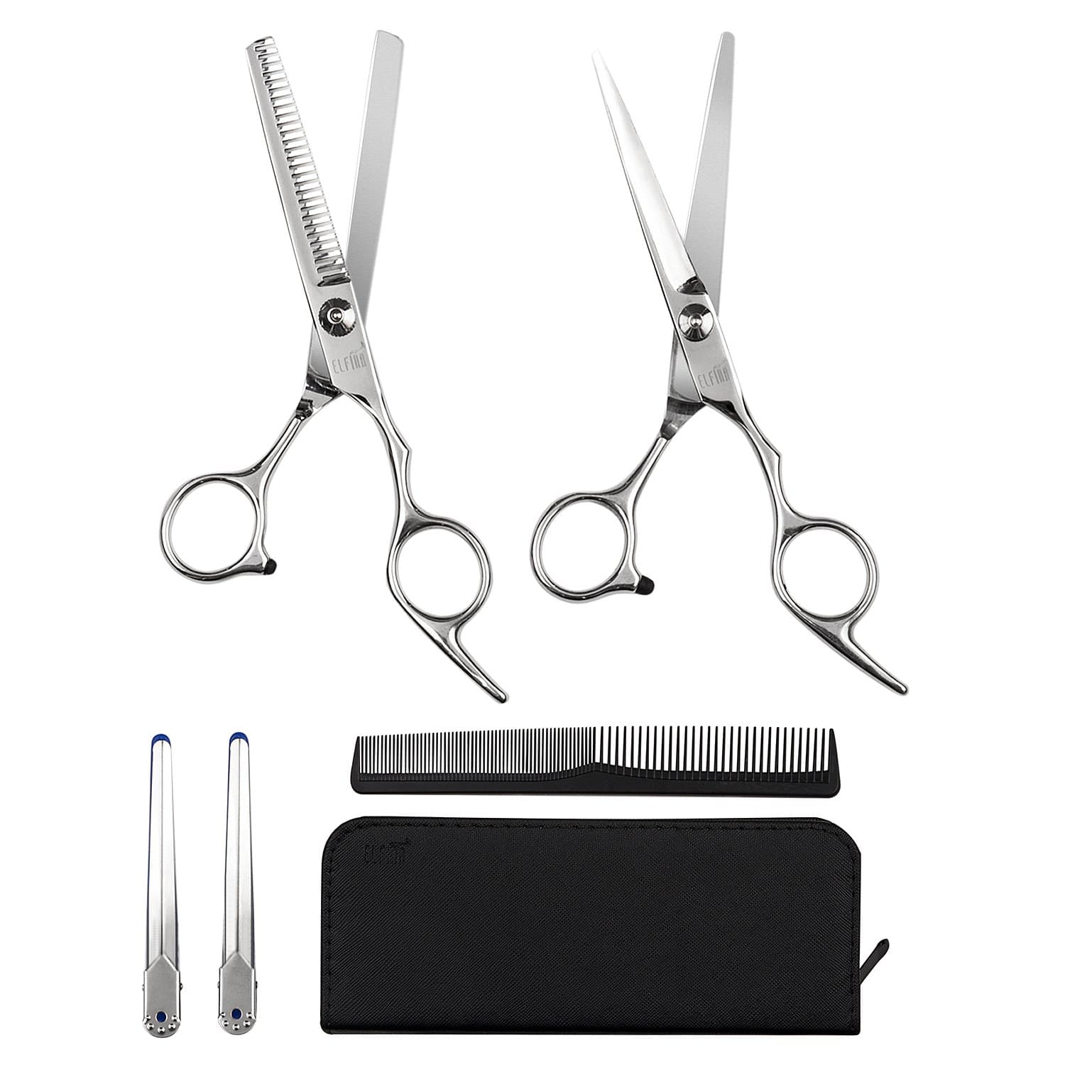 ELFINA Professional Hairdressing Scissors Kit Hair Cutting, 2-Pic Scissor + Case + 2-Pic Clip + 1 Comb, 6.0 Inch - Blue