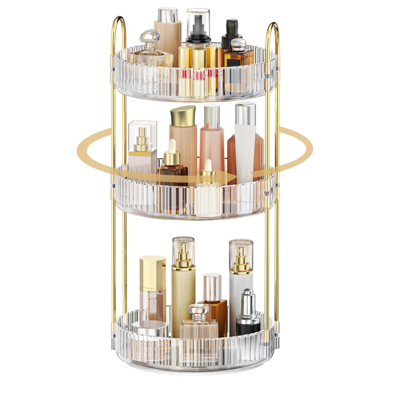 MOKANI 360 Rotating Makeup Organiser, 3 Tiers Spinning Skincare Organiser, Multi-Function Make Up Storage, Large Capacity Cosmetic Perfume Stand for Vanity, Bathroom and Bedroom